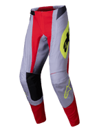 Pantalon Alpinestars Techstar Melt 2025, pantalon de motocross, rouge vif et gris avec accents jaune fluo, coupe athlétique de course avec perforations découpées au laser et genoux internes renforcés pour la performance tout-terrain