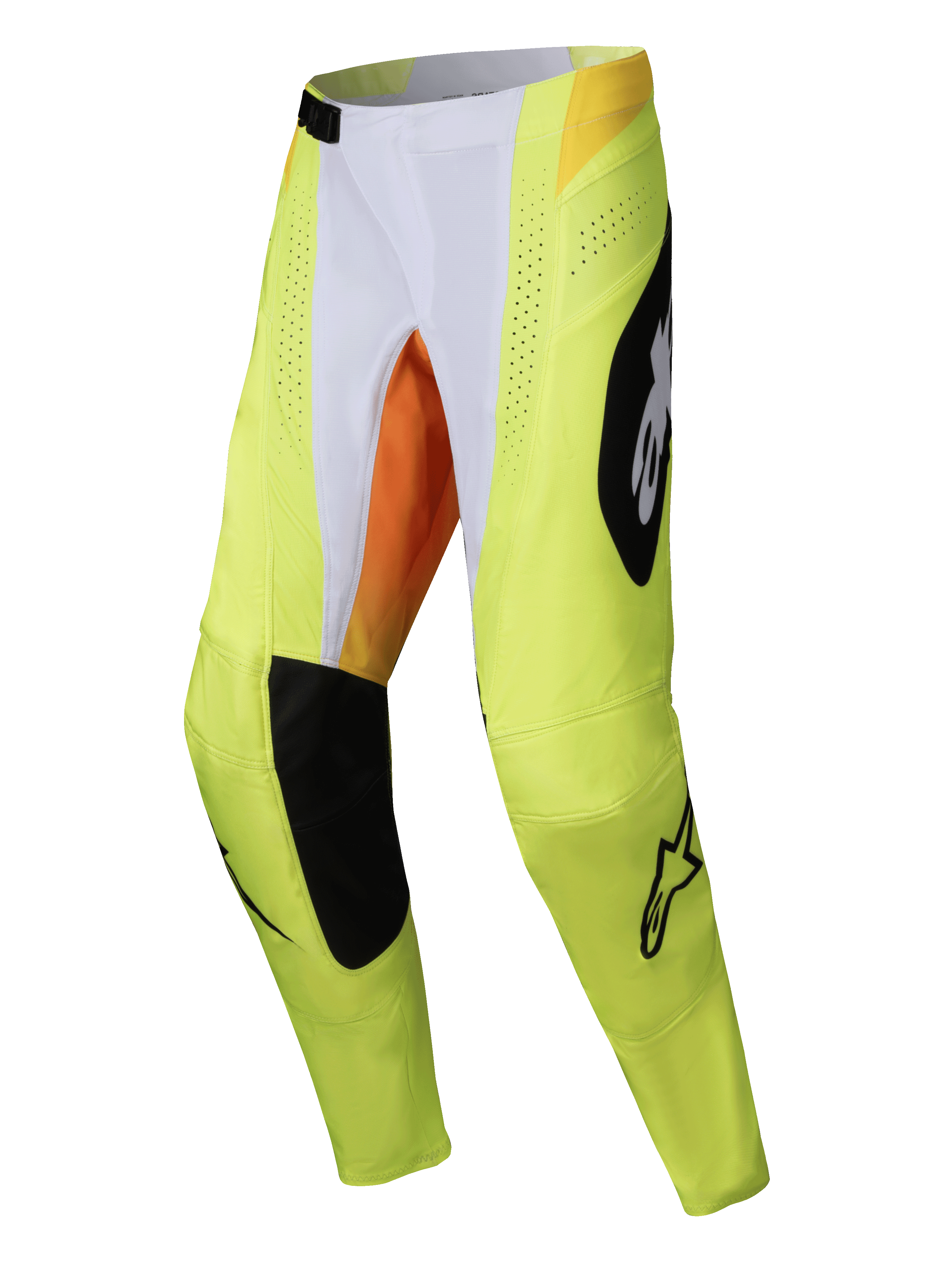 Alpinestars Techstar Melt Pants 2025, pantalon de motocross, jaune fluo et noir avec accents blancs et orange, grands logos Alpinestars noirs, perforations de ventilation découpées au laser et panneaux durables pour la course tout-terrain