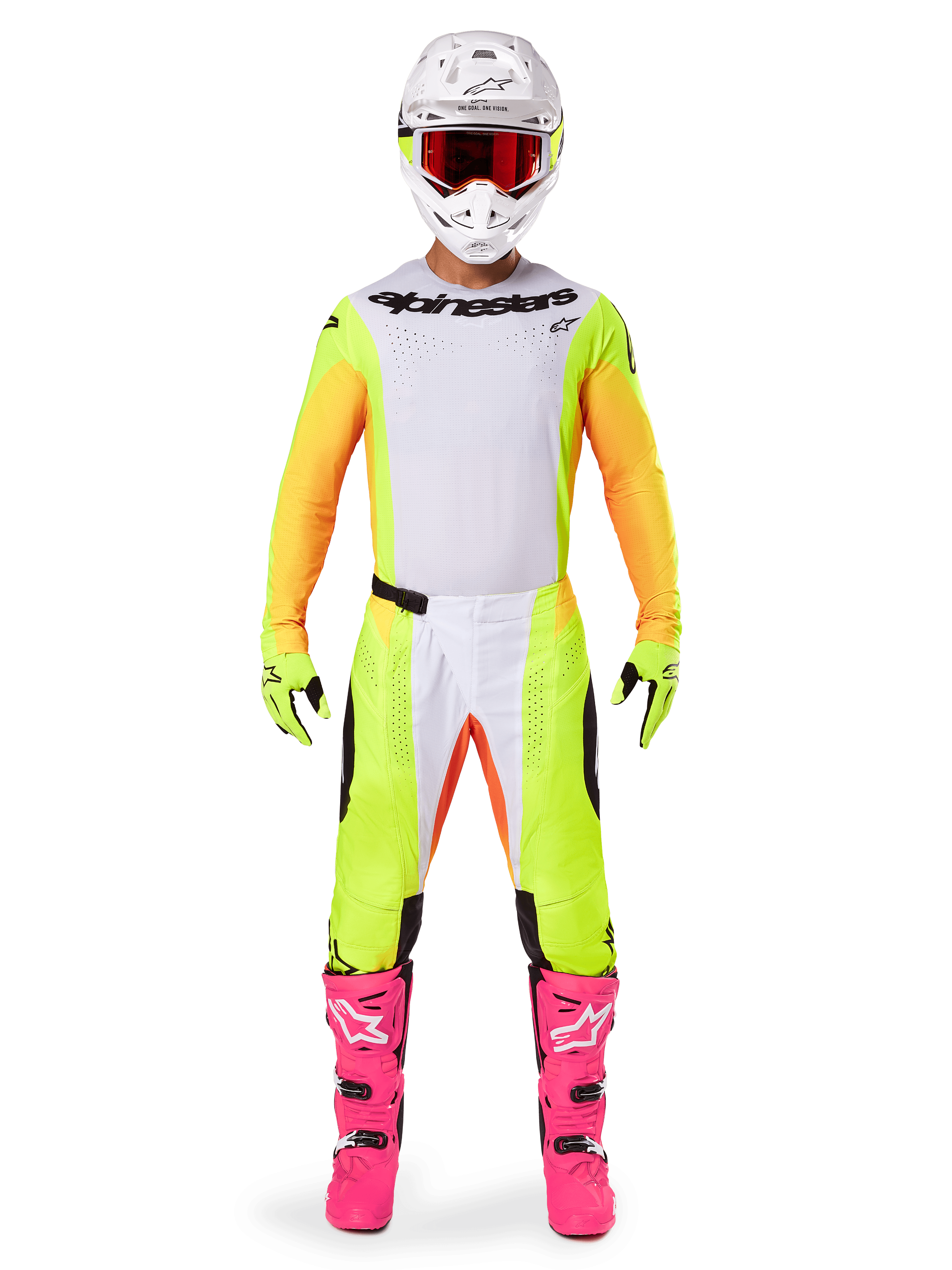Pilote de motocross portant l'ensemble Alpinestars 2025 Techstar Melt, maillot blanc avec manches jaunes et orange, pantalon jaune fluo avec accents blancs et orange, casque blanc avec lunettes rouges, bottes rose vif et gants jaune fluo, tenue de course complète pour la compétition tout-terrain