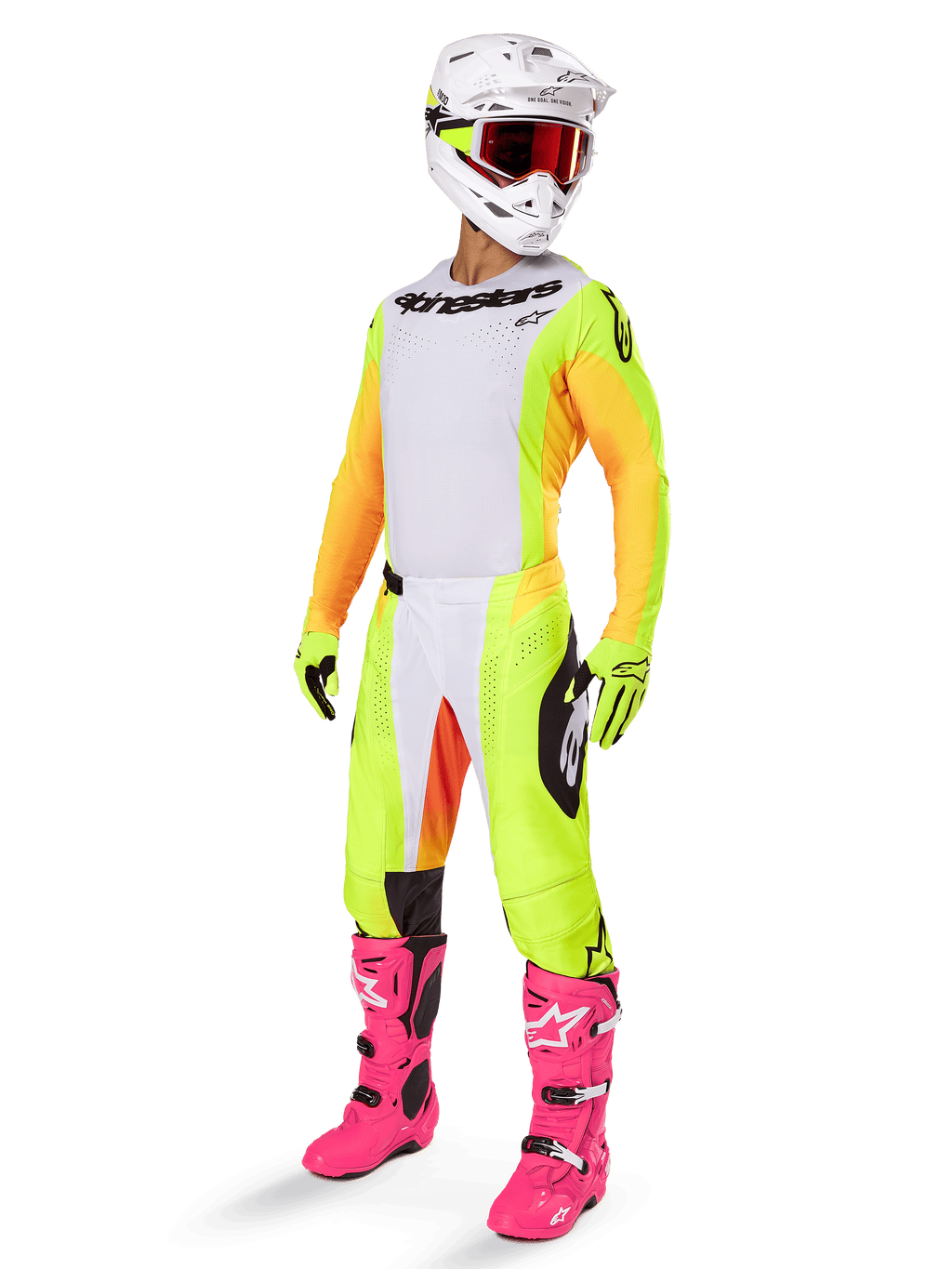 Ensemble d'équipement Alpinestars 2025 Techstar Melt, tenue de course de motocross complète, maillot blanc avec manches jaunes et orange, pantalon jaune fluo, bottes rose vif, casque blanc avec lunettes rouges, gants jaunes, vêtements de course aux couleurs vives
