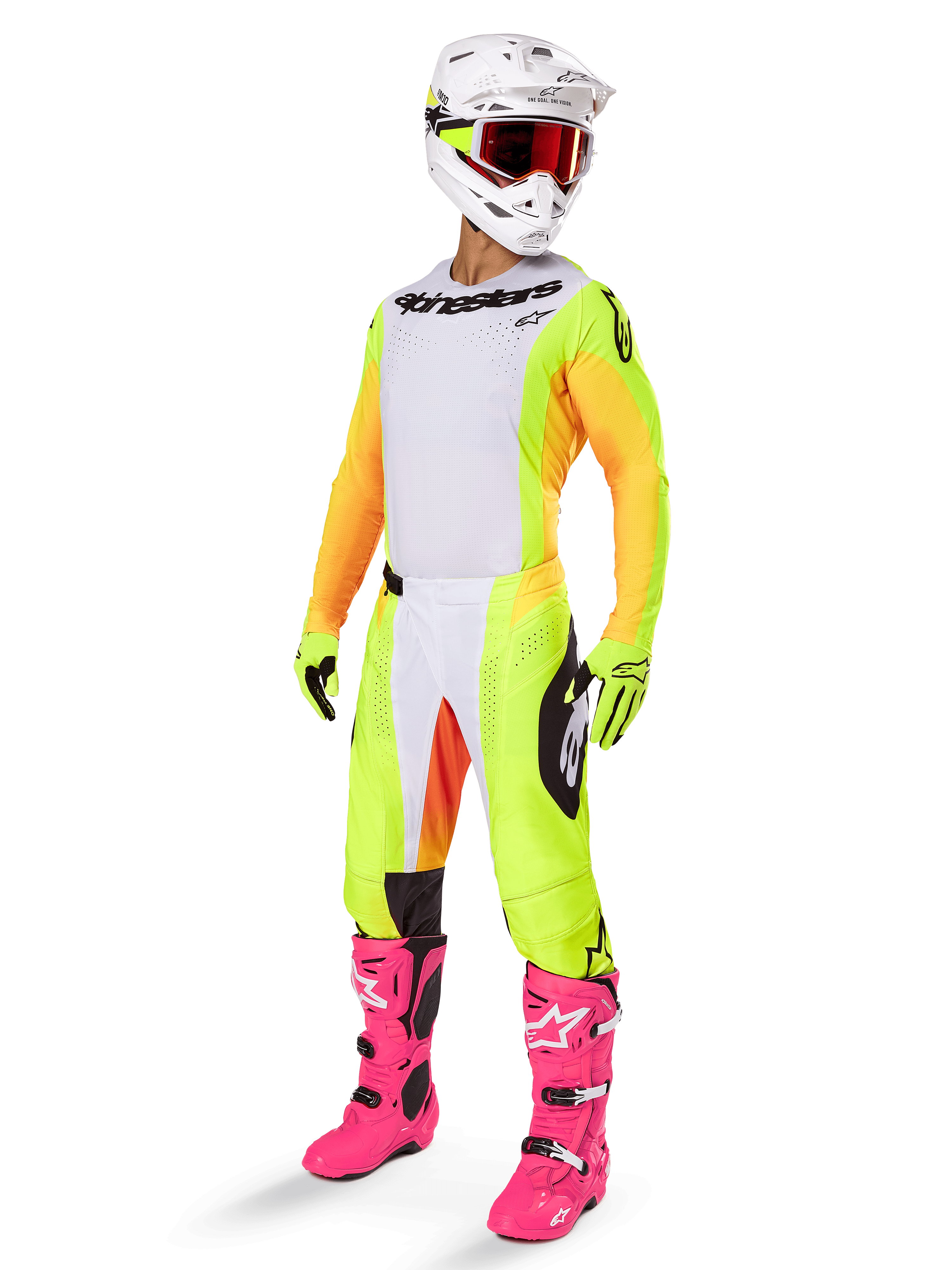 Ensemble d'équipement Alpinestars 2025 Techstar Melt, tenue de course de motocross complète, maillot blanc avec manches jaunes et orange, pantalon jaune fluo, bottes rose vif, casque blanc avec lunettes rouges, gants jaunes, vêtements de course aux couleurs vives