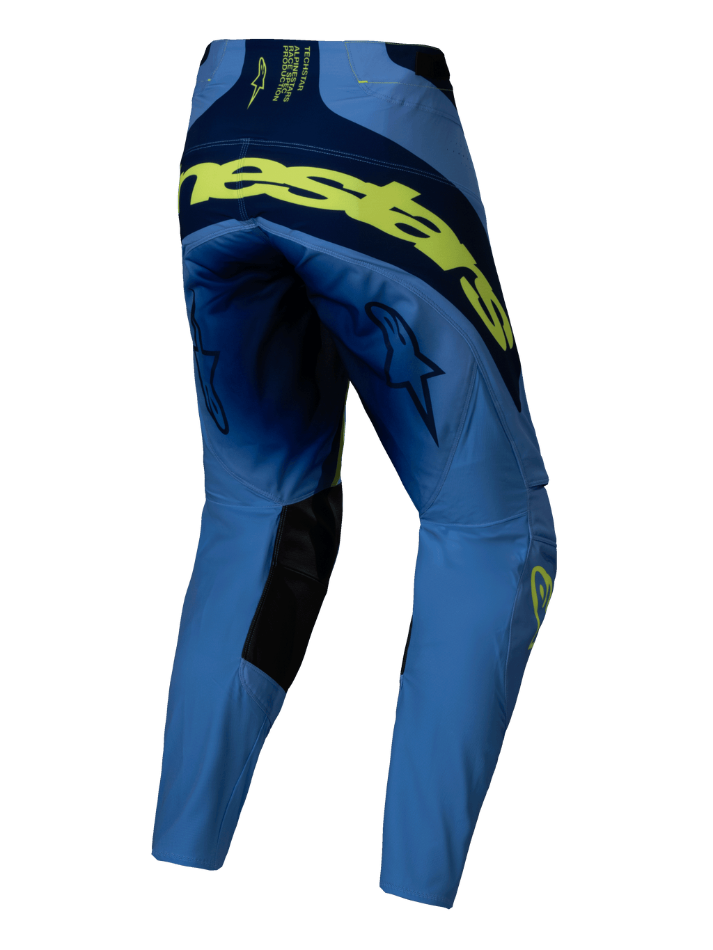 Alpinestars Techstar Melt Pants 2025, pantalon de motocross, jaune fluo et bleu, vue arrière avec grand marquage jaune fluo au dos, empiècements bleu marine, logos étoile sur les cuisses et renforts intérieurs noirs aux genoux