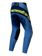 Alpinestars Techstar Melt Pants 2025, pantalon de motocross, jaune fluo et bleu, vue arrière avec grand marquage jaune fluo au dos, empiècements bleu marine, logos étoile sur les cuisses et renforts intérieurs noirs aux genoux
