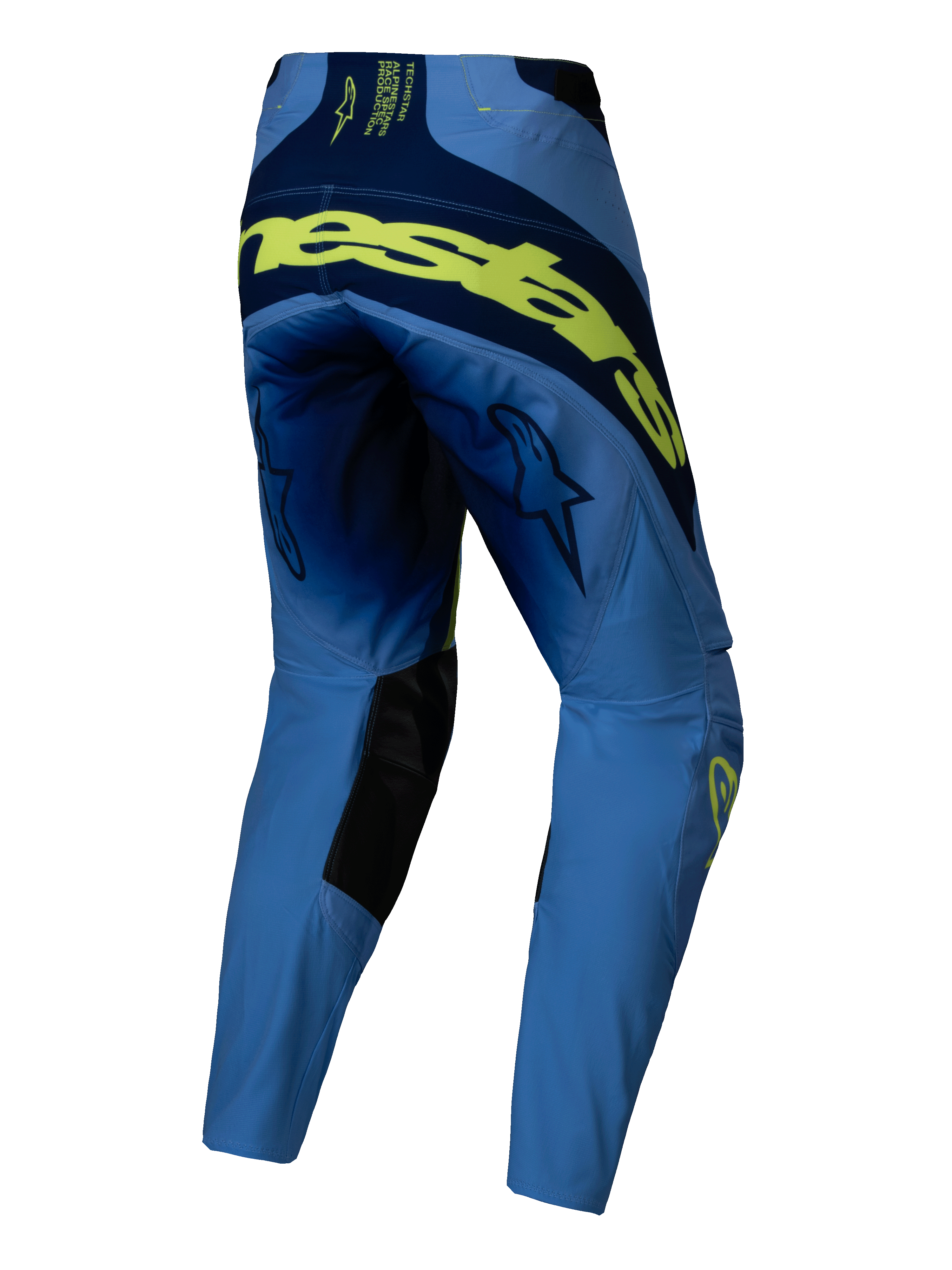 Alpinestars Techstar Melt Pants 2025, pantalon de motocross, jaune fluo et bleu, vue arrière avec grand marquage jaune fluo au dos, empiècements bleu marine, logos étoile sur les cuisses et renforts intérieurs noirs aux genoux