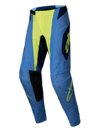Alpinestars 2025 Techstar Melt Pants, pantalon de motocross, bleu et jaune fluo, bleu avec centre et détails de logo jaune fluo, panneaux intérieurs de genoux noirs, perforations laser, coupe athlétique pour la performance tout-terrain