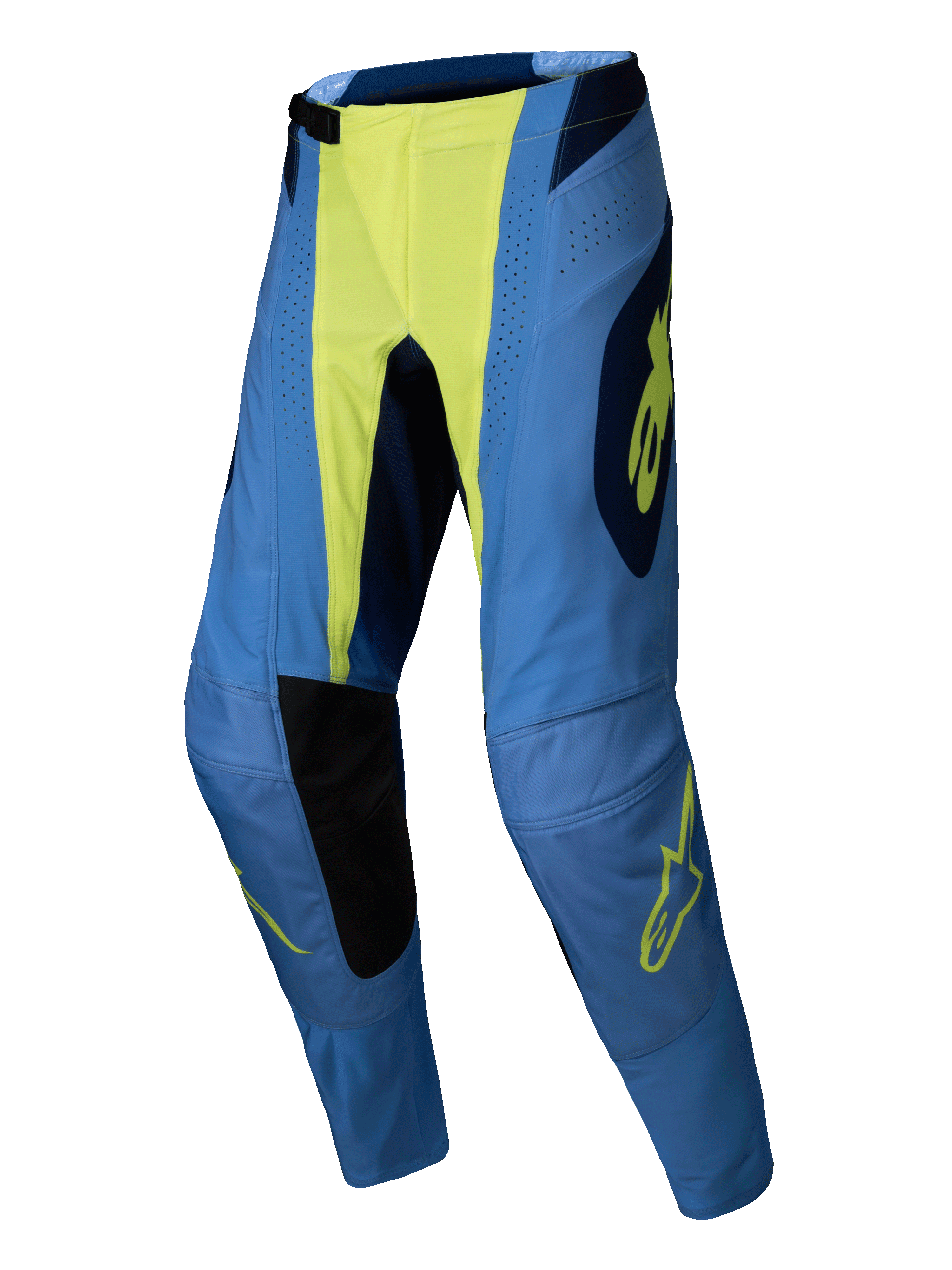 Alpinestars 2025 Techstar Melt Pants, pantalon de motocross, bleu et jaune fluo, bleu avec centre et détails de logo jaune fluo, panneaux intérieurs de genoux noirs, perforations laser, coupe athlétique pour la performance tout-terrain