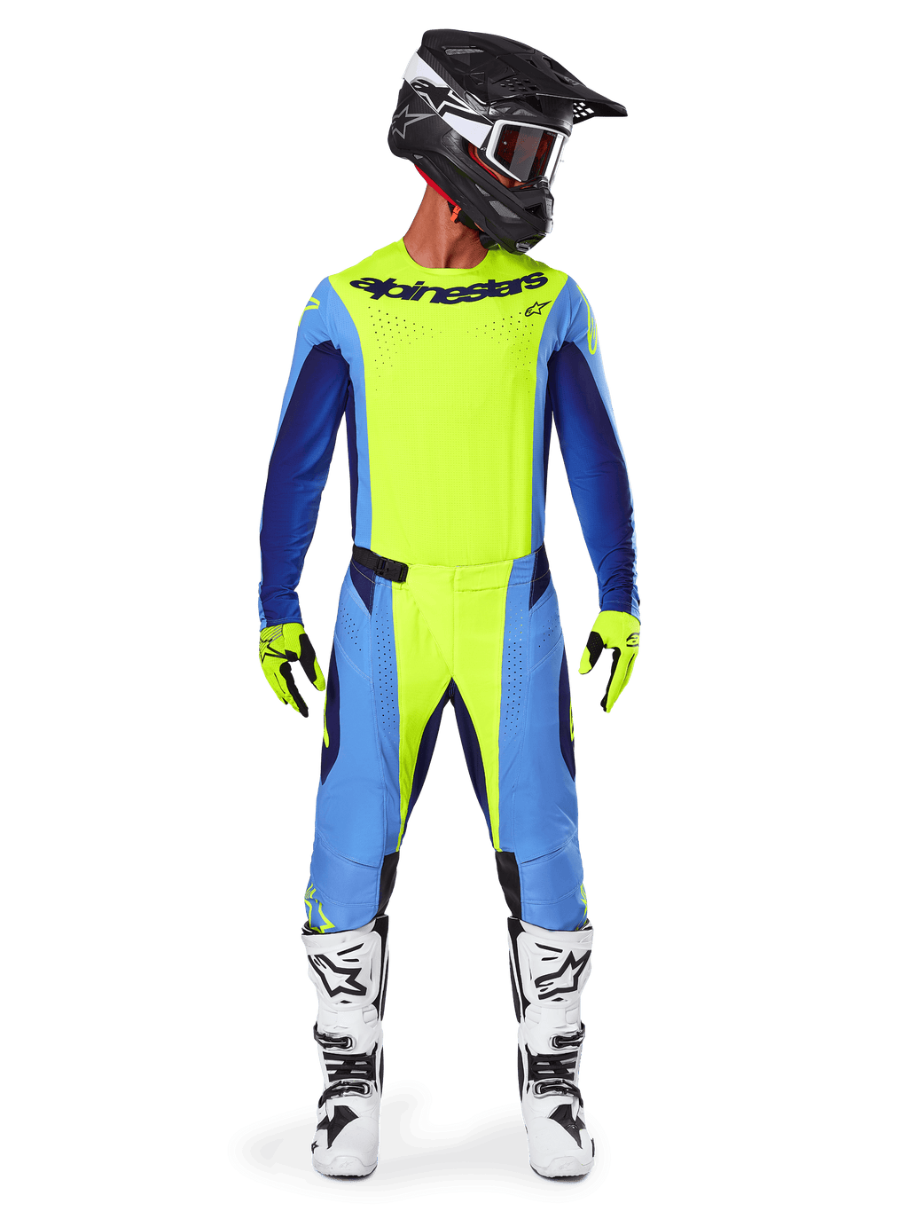 Alpinestars 2025 Techstar Melt Pants, pantalon de motocross, jaune fluo et bleu, porté avec un maillot assorti, des gants jaunes et des bottes blanches et noires, avec un casque noir et des lunettes rouges, ensemble complet d'équipement de course pour la performance tout-terrain