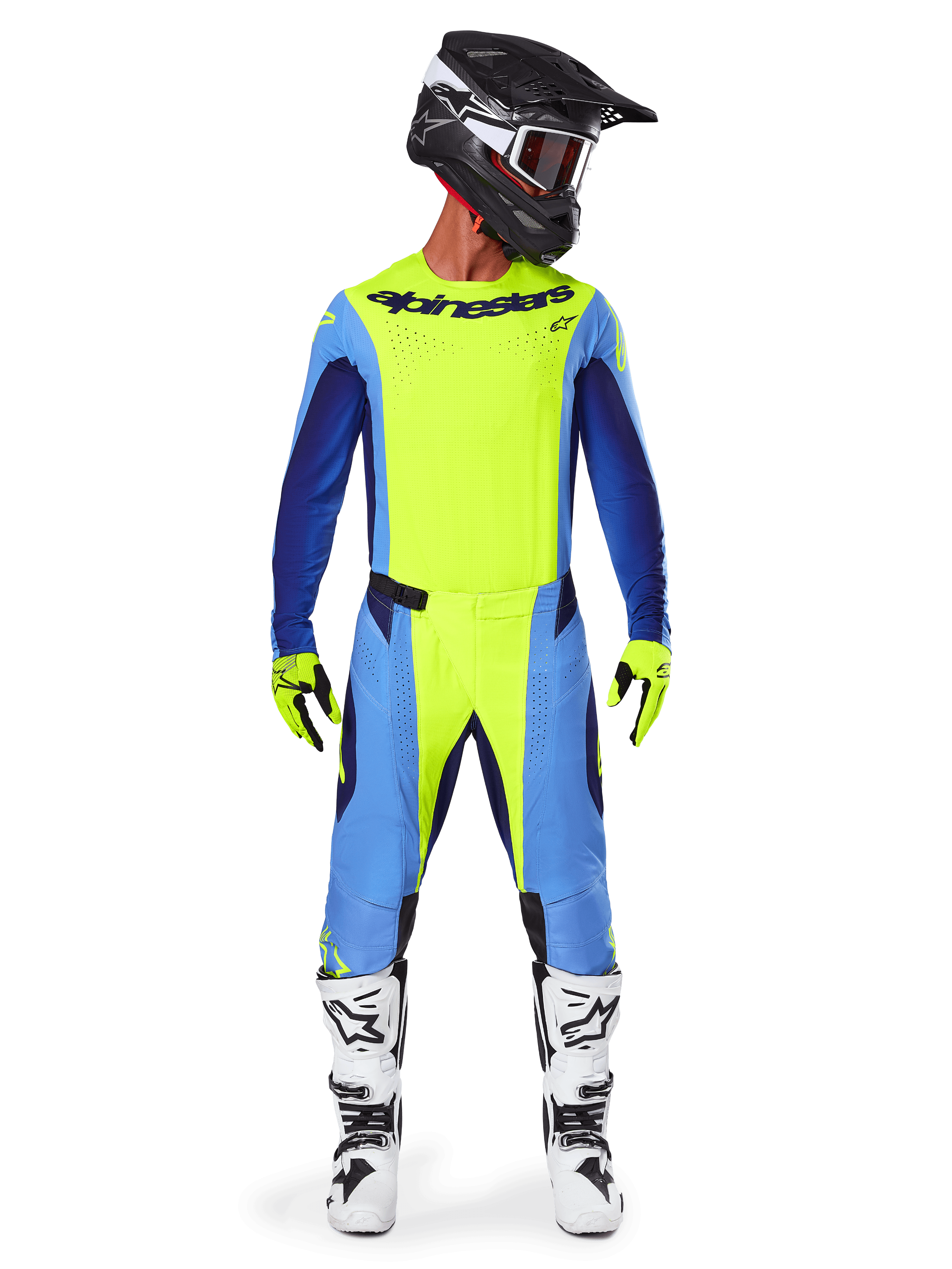 Alpinestars 2025 Techstar Melt Pants, pantalon de motocross, jaune fluo et bleu, porté avec un maillot assorti, des gants jaunes et des bottes blanches et noires, avec un casque noir et des lunettes rouges, ensemble complet d'équipement de course pour la performance tout-terrain