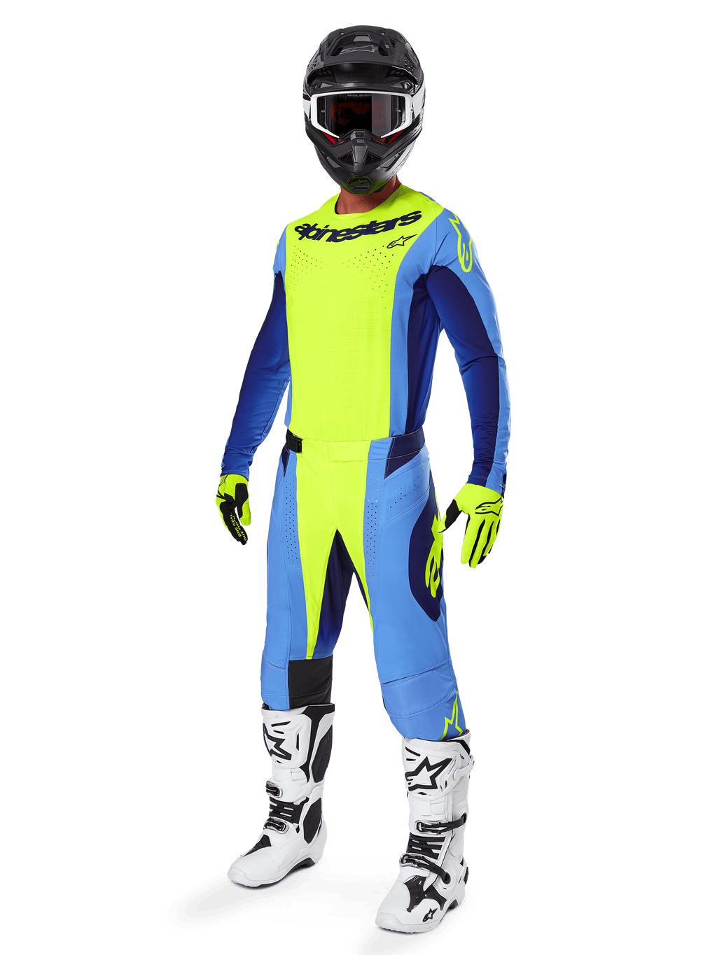 Alpinestars 2025 Techstar Melt Gear Set, tenue de motocross complète, jaune fluo et bleu, casque noir avec lunettes, gants jaunes et noirs, bottes blanches et noires, kit complet d'équipement MX