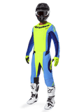 Alpinestars 2025 Techstar Melt Gear Set, tenue de motocross complète, jaune fluo et bleu, casque noir avec lunettes, gants jaunes et noirs, bottes blanches et noires, kit complet d'équipement MX