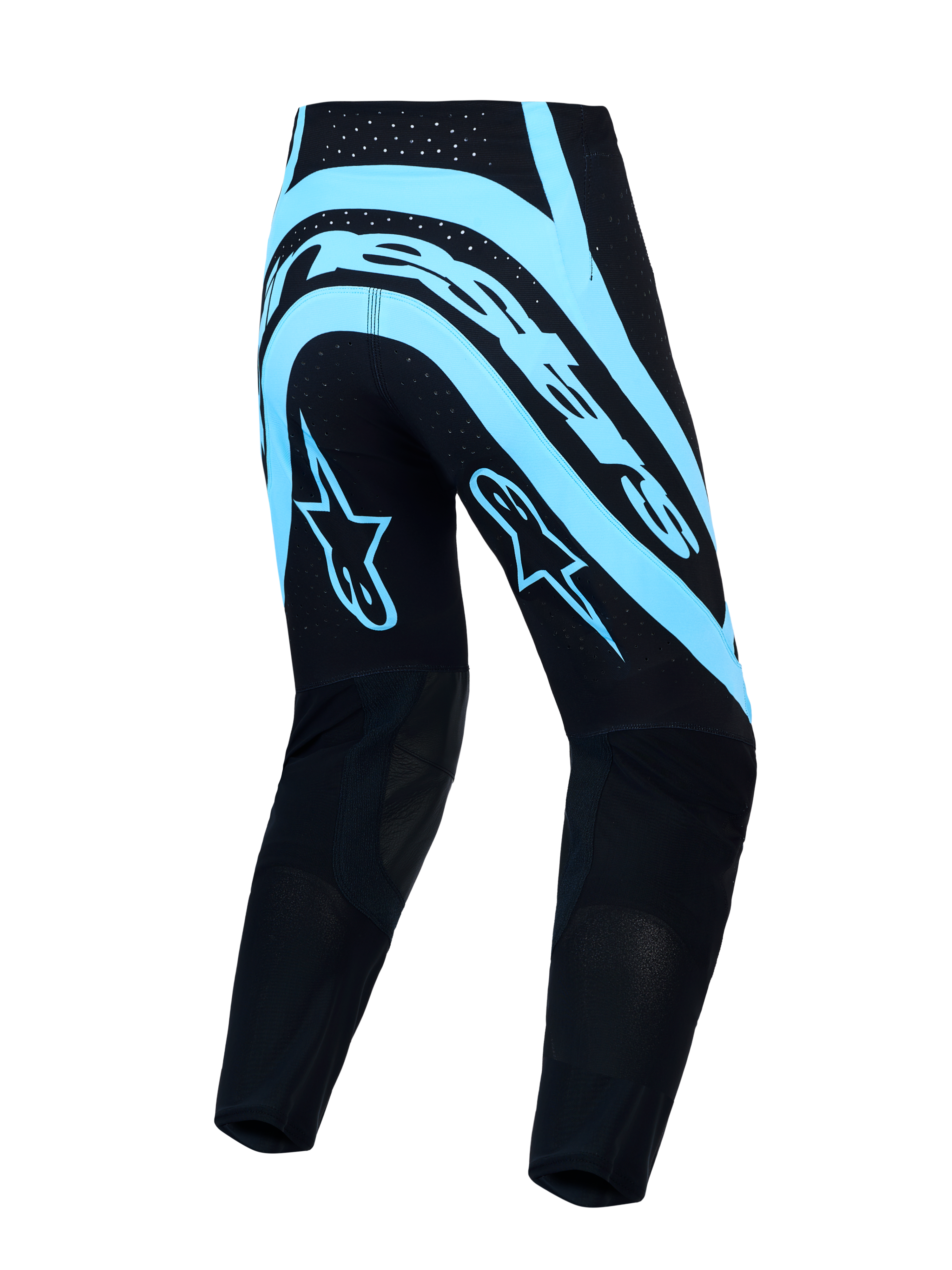 Alpinestars Supertech Vesta, pantalon de motocross noir et bleu turquoise, vue de dos, rip-stop extensible, coupe racing.