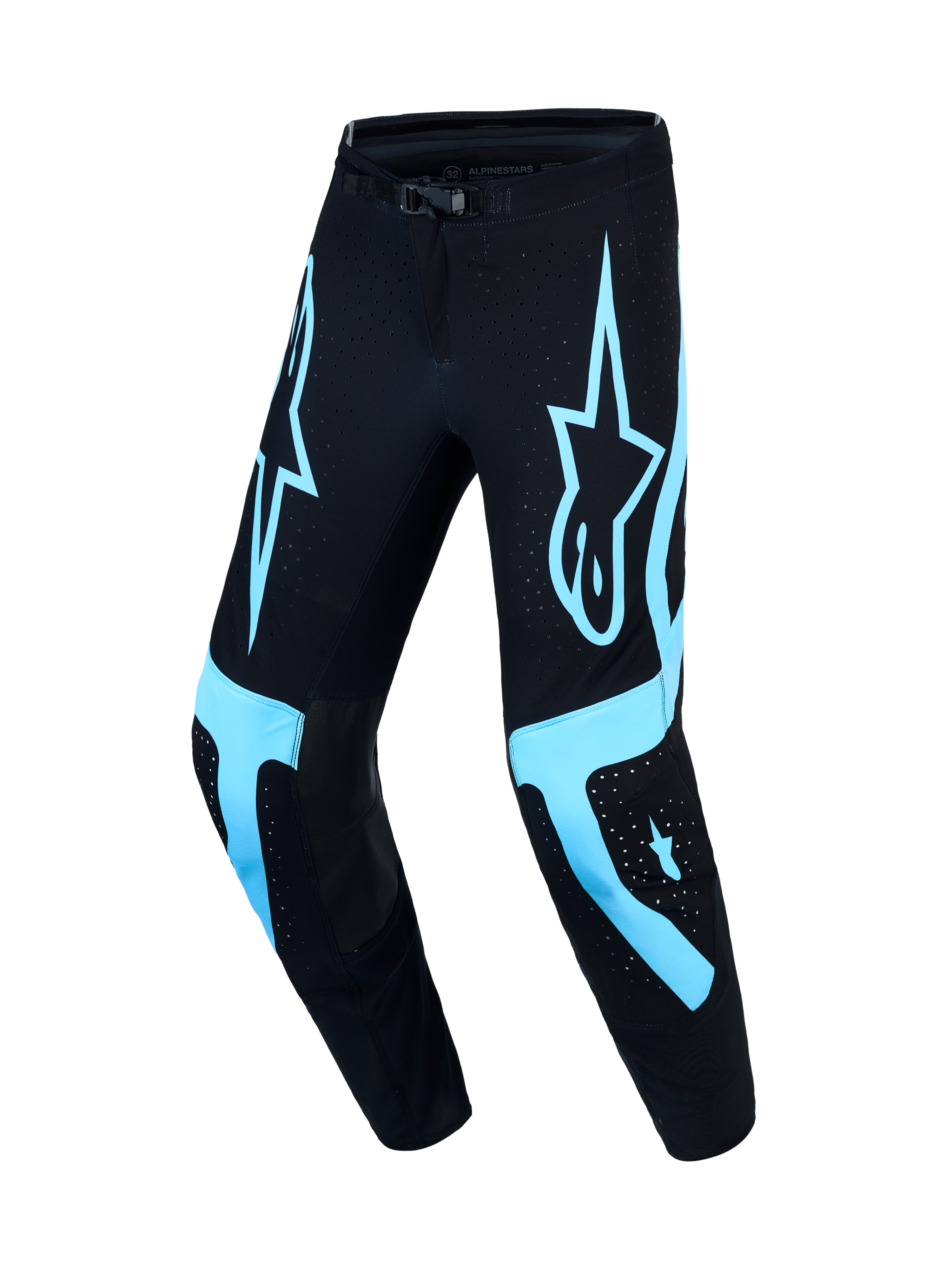 Alpinestars Supertech Vesta, pantalon de motocross pour homme, noir et turquoise, taille 32, coupe racing, rip-stop ventilé.