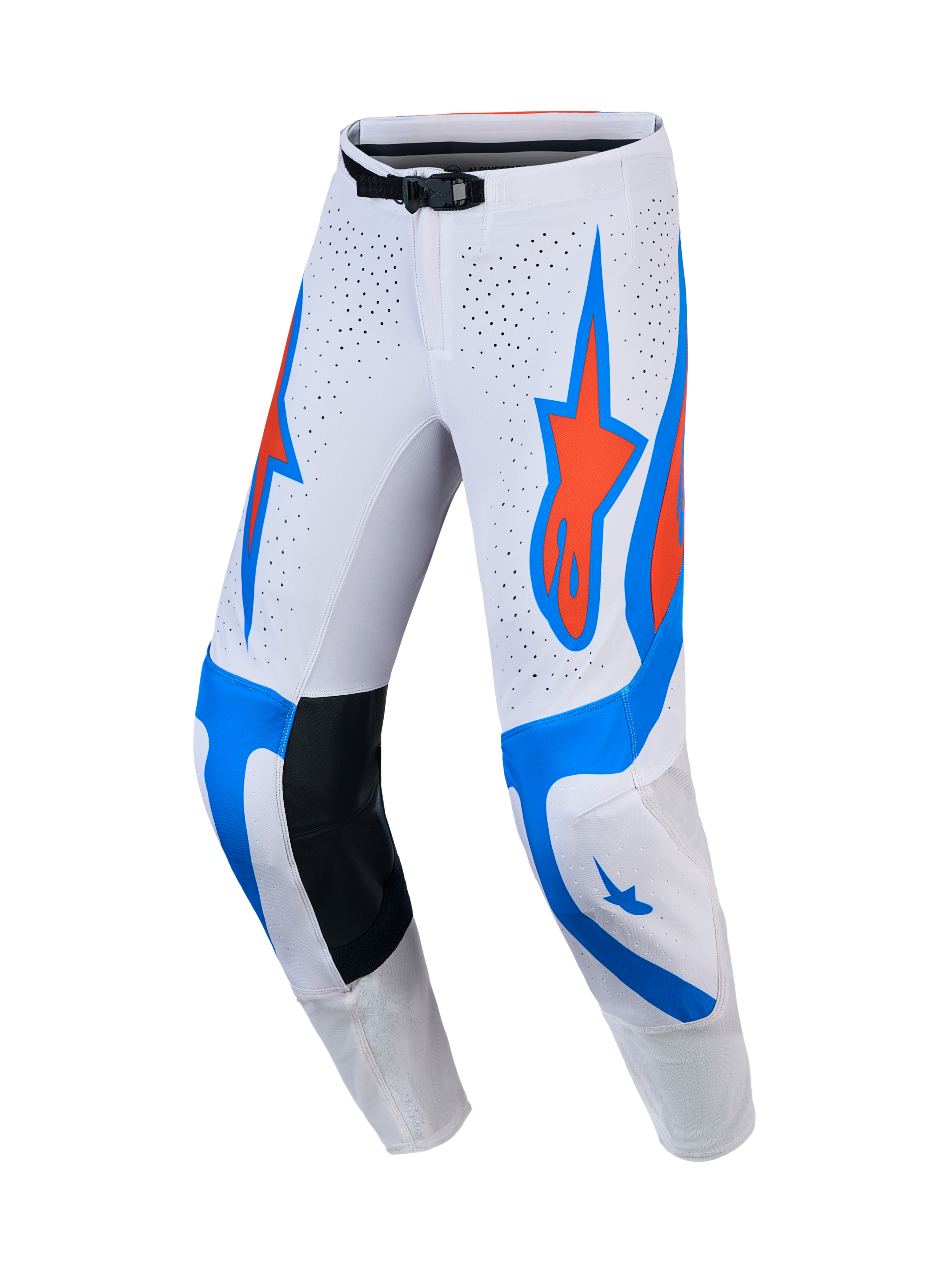 Alpinestars Supertech Vesta, pantalons de motocross pour homme, blancs, lilas clair et rouge cardinal, panneaux perforés respirants