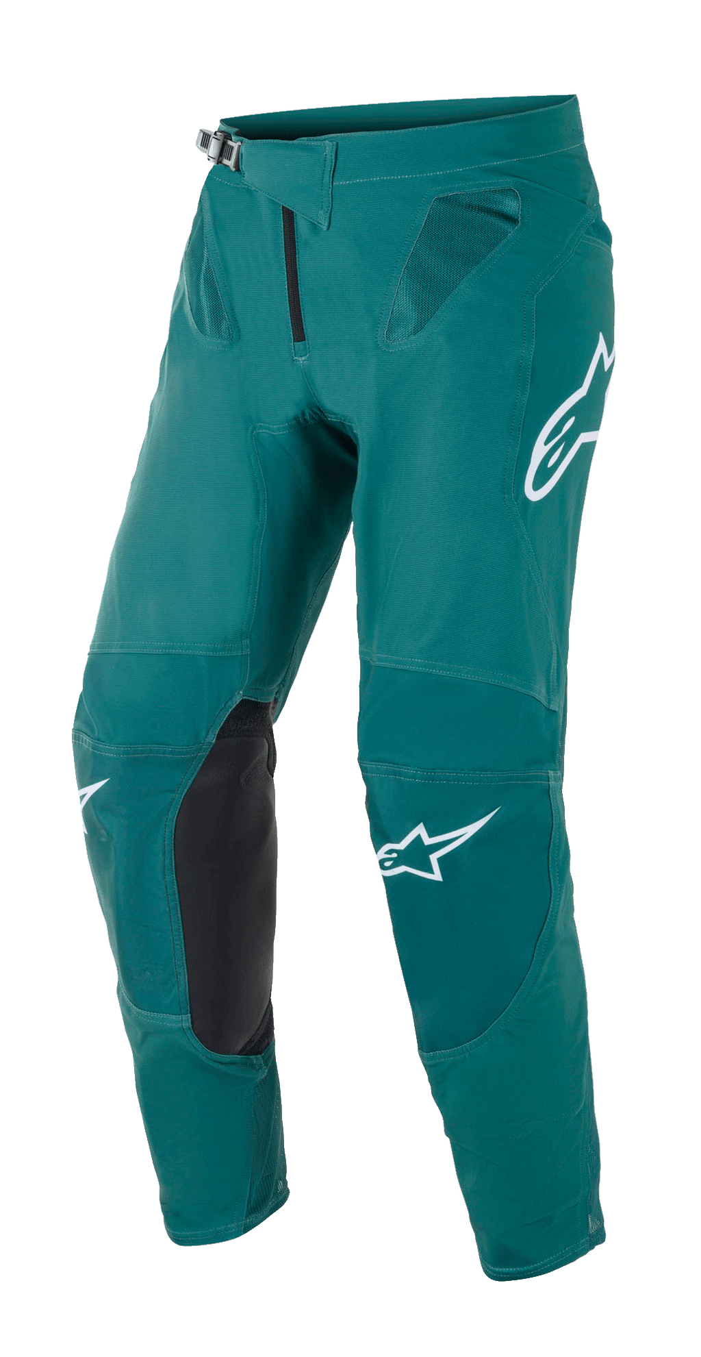 Alpinestars Supertech Blaze Pants, pantalon de motocross, vert foncé avec logos Alpinestars blancs, renforts aux genoux en cuir noir, fermeture à cliquet à la taille et ventilations en mesh aux hanches, construction durable pour la course tout-terrain