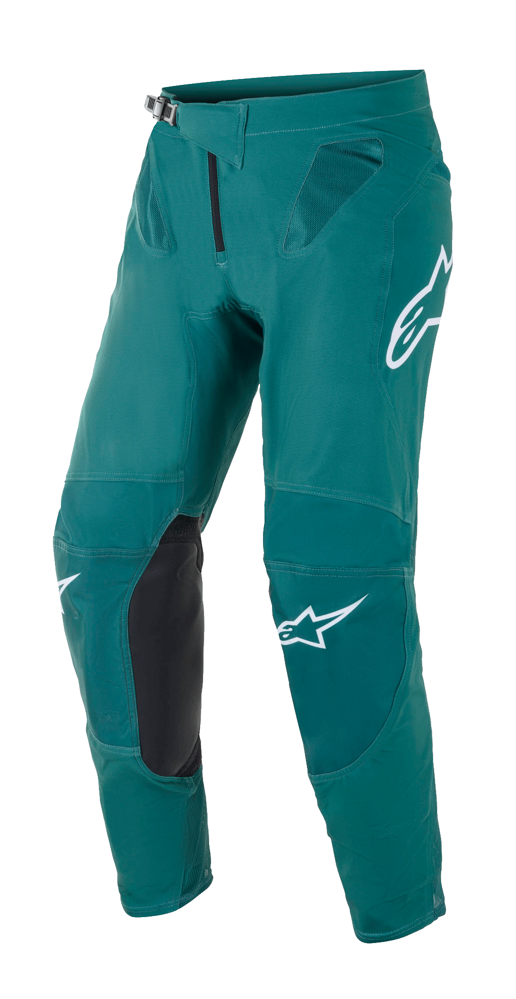 Alpinestars Supertech Blaze Pants, pantalon de motocross, vert foncé avec logos Alpinestars blancs, renforts aux genoux en cuir noir, fermeture à cliquet à la taille et ventilations en mesh aux hanches, construction durable pour la course tout-terrain