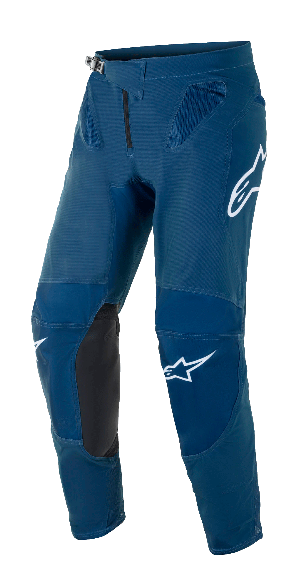 Alpinestars Supertech Blaze Pants, pantalon de motocross tout-terrain, bleu foncé, avec panneaux intérieurs aux genoux en cuir noir, logo Alpinestars blanc sur la cuisse et la jambe, boucle de taille à cliquet réglable et zones de ventilation en mesh aux hanches.
