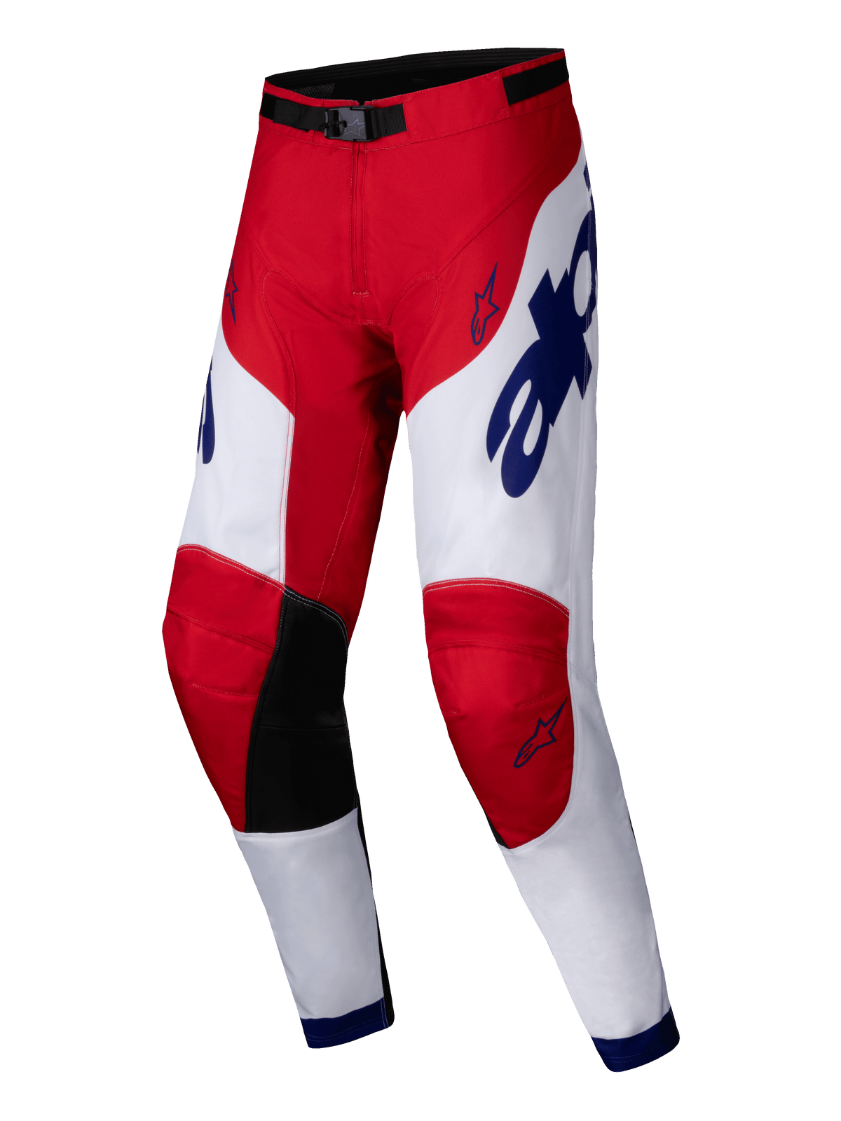 Alpinestars 2025 Racer Veil Pants, pantalon de motocross, rouge vif et blanc avec des accents bleus, empiècements noirs à l'intérieur des genoux, design ergonomique pré-courbé, logos étoiles et marquage audacieux, équipement durable pour la course tout-terrain