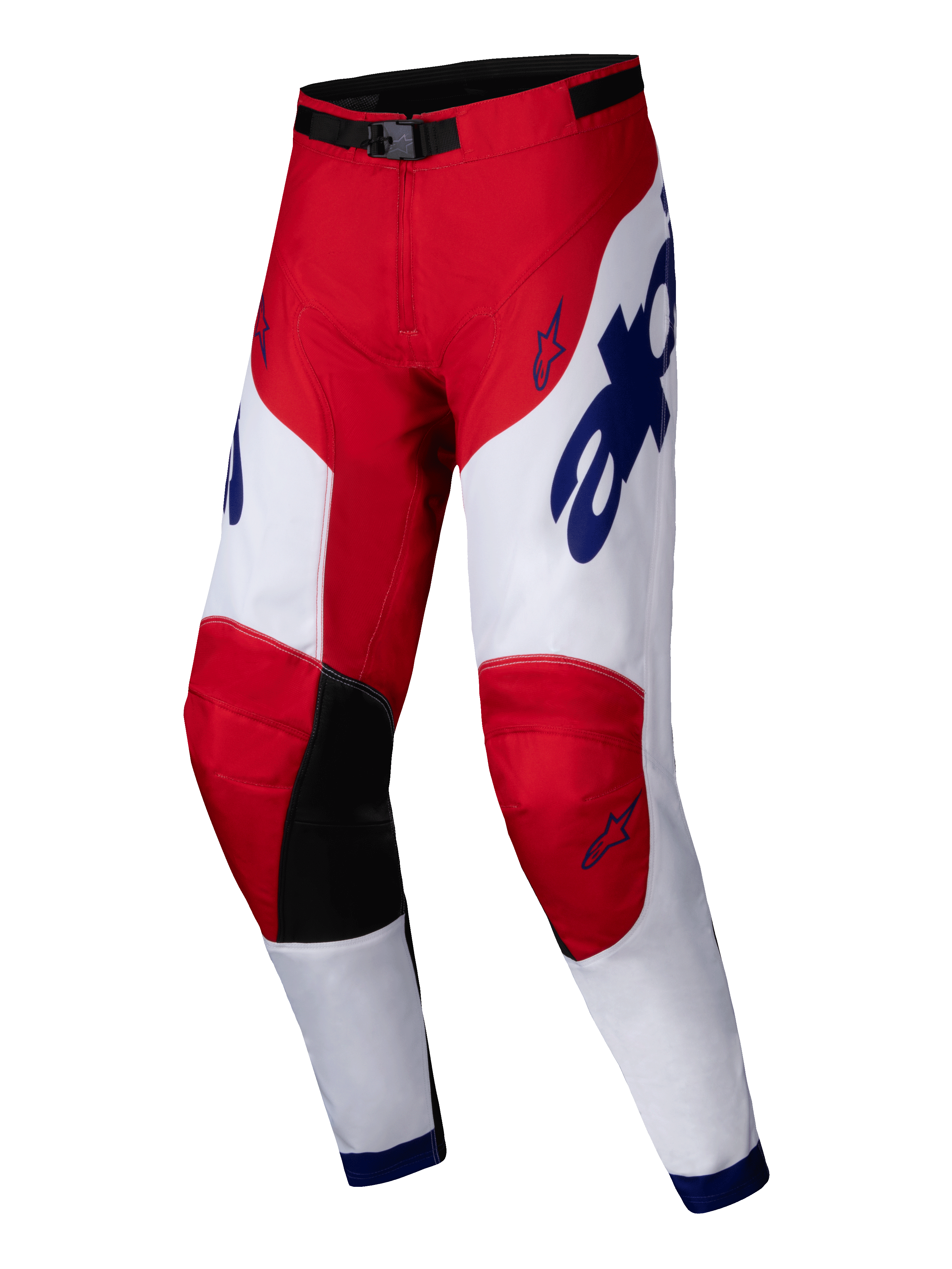 Alpinestars 2025 Racer Veil Pants, pantalon de motocross, rouge vif et blanc avec des accents bleus, empiècements noirs à l'intérieur des genoux, design ergonomique pré-courbé, logos étoiles et marquage audacieux, équipement durable pour la course tout-terrain