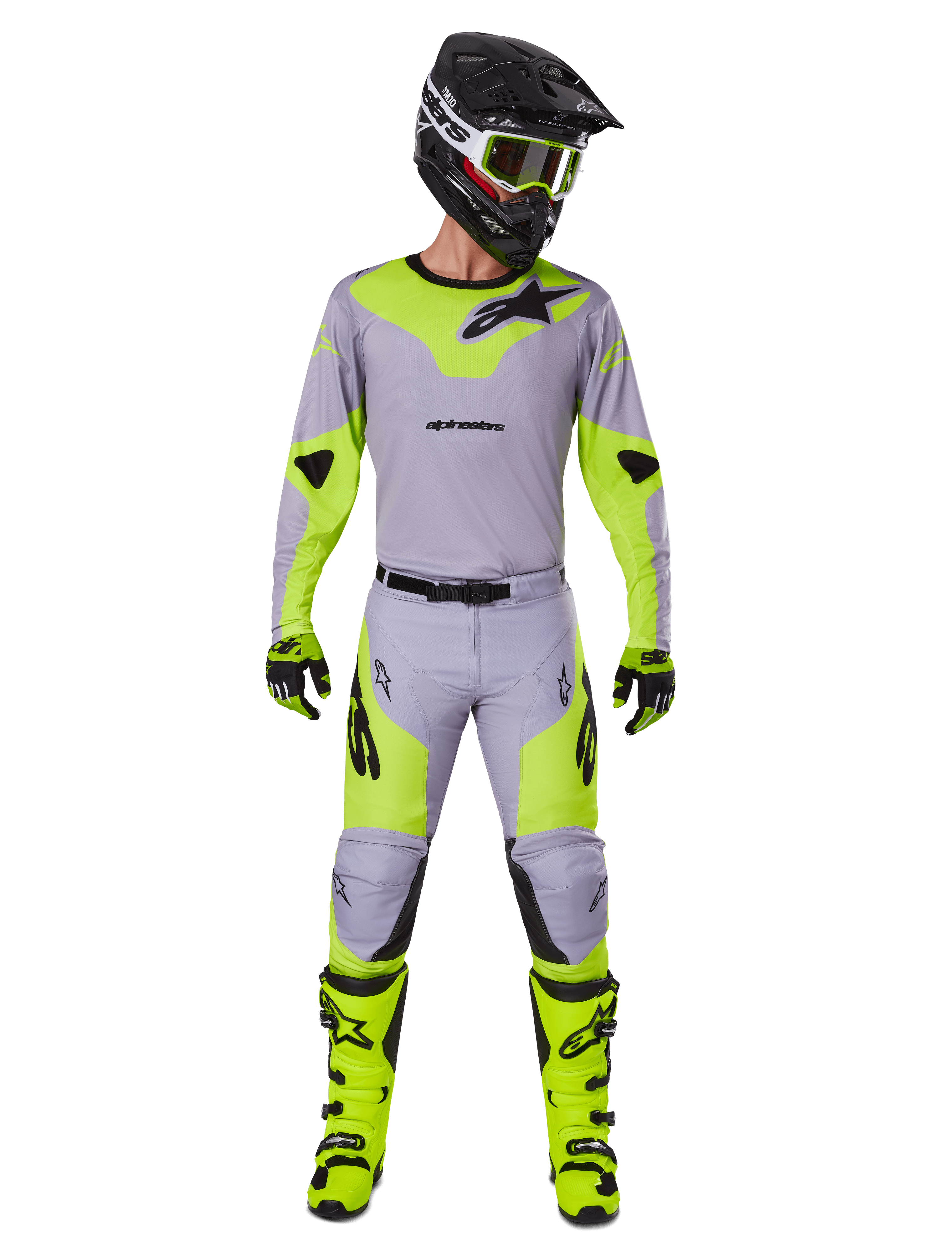 Alpinestars 2025 Racer Veil Pants, Motocross Pants, Gray and Yellow Fluo, worn as a complete racing gear set with matching jersey, helmet, boots, and gloves, featuring black branding and ergonomic design for off-road performance