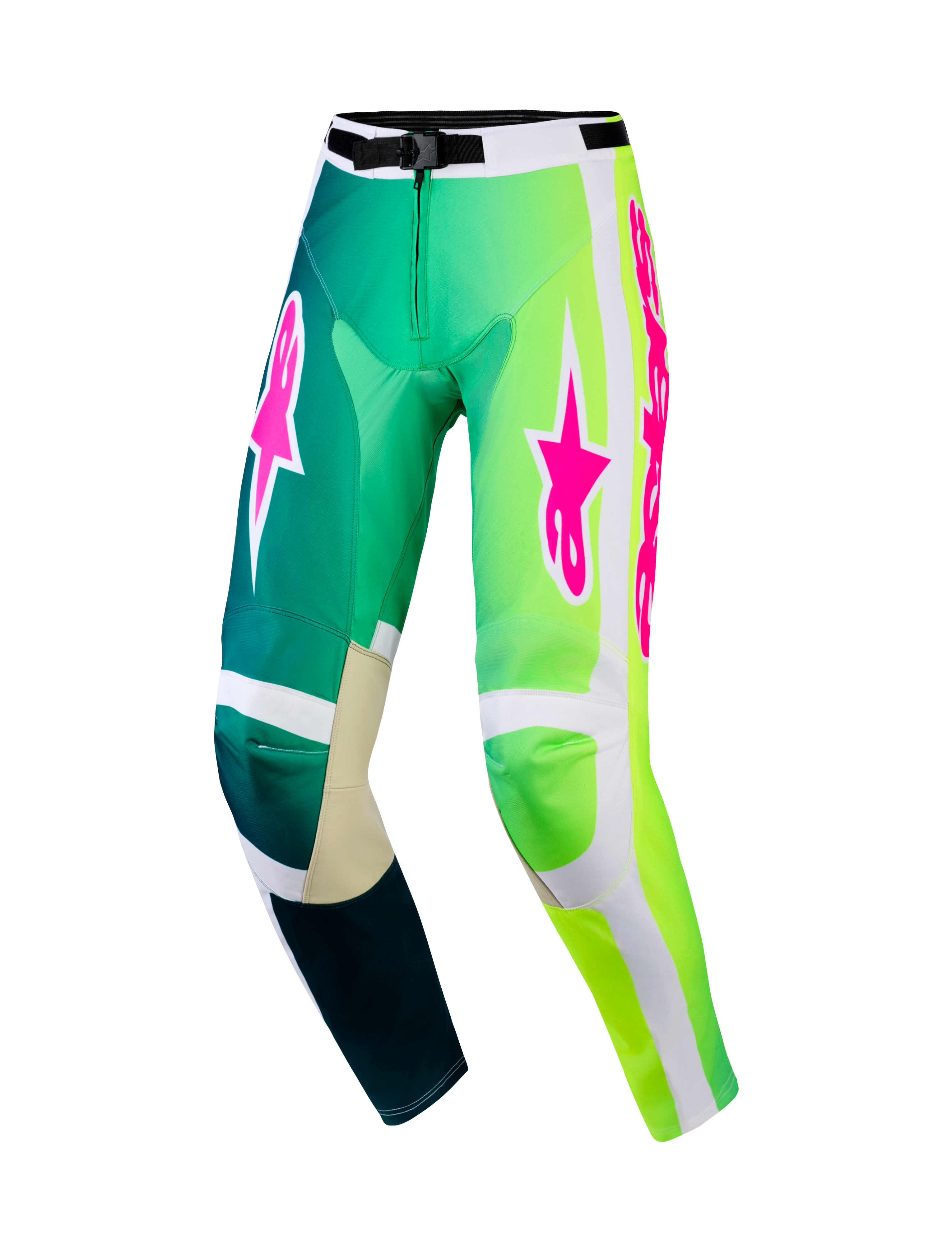 Alpinestars 2026 Racer Portl Pants, Motocross Pants, Green and White with vibrant pink logos, featuring a gradient design from teal to neon green, reinforced inner knees, and a secure waist buckle for off-road racing.
