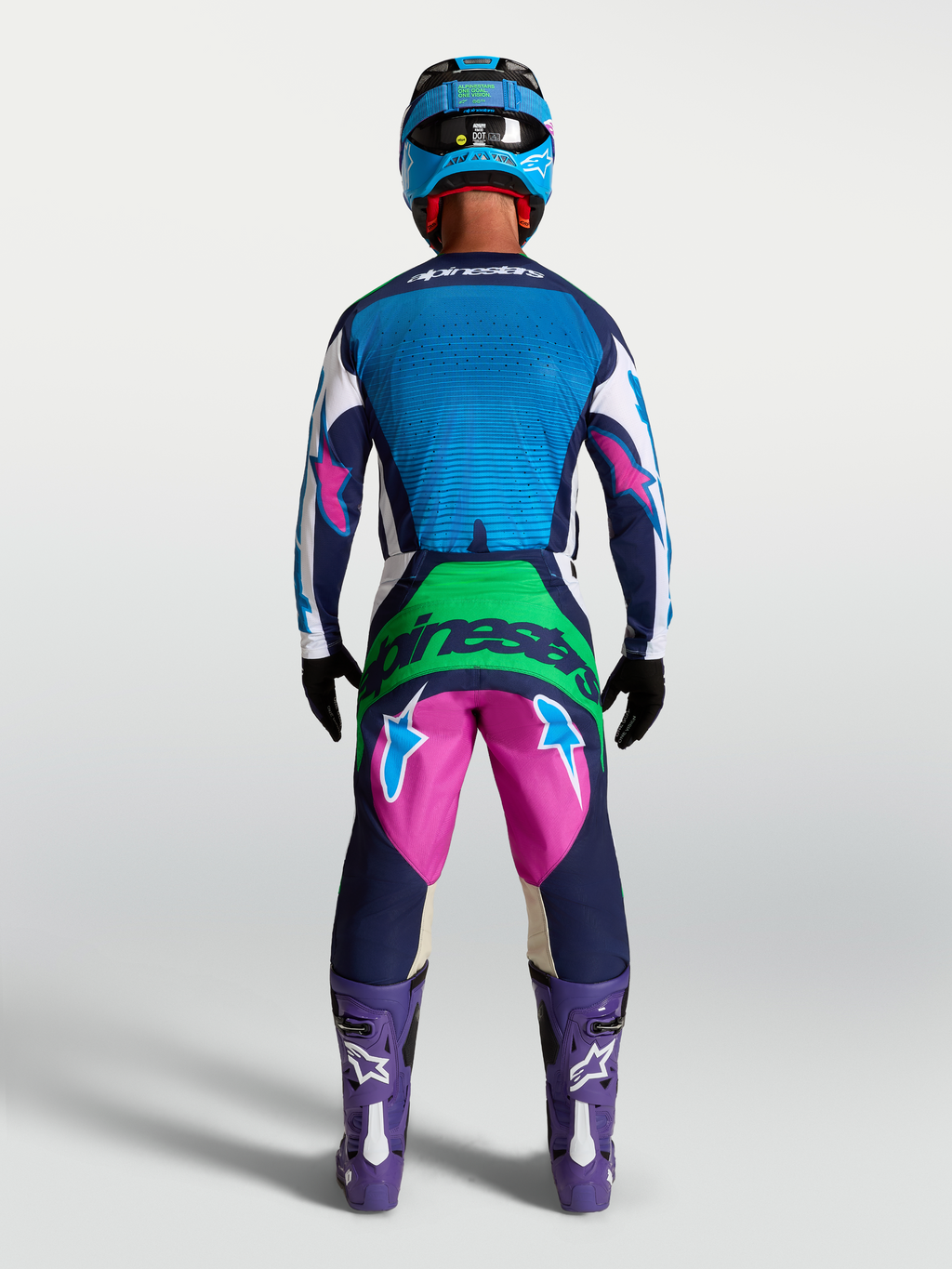 Alpinestars Techstar Maven, ensemble de motocross bleu et rose pour homme, vue de dos sur mannequin