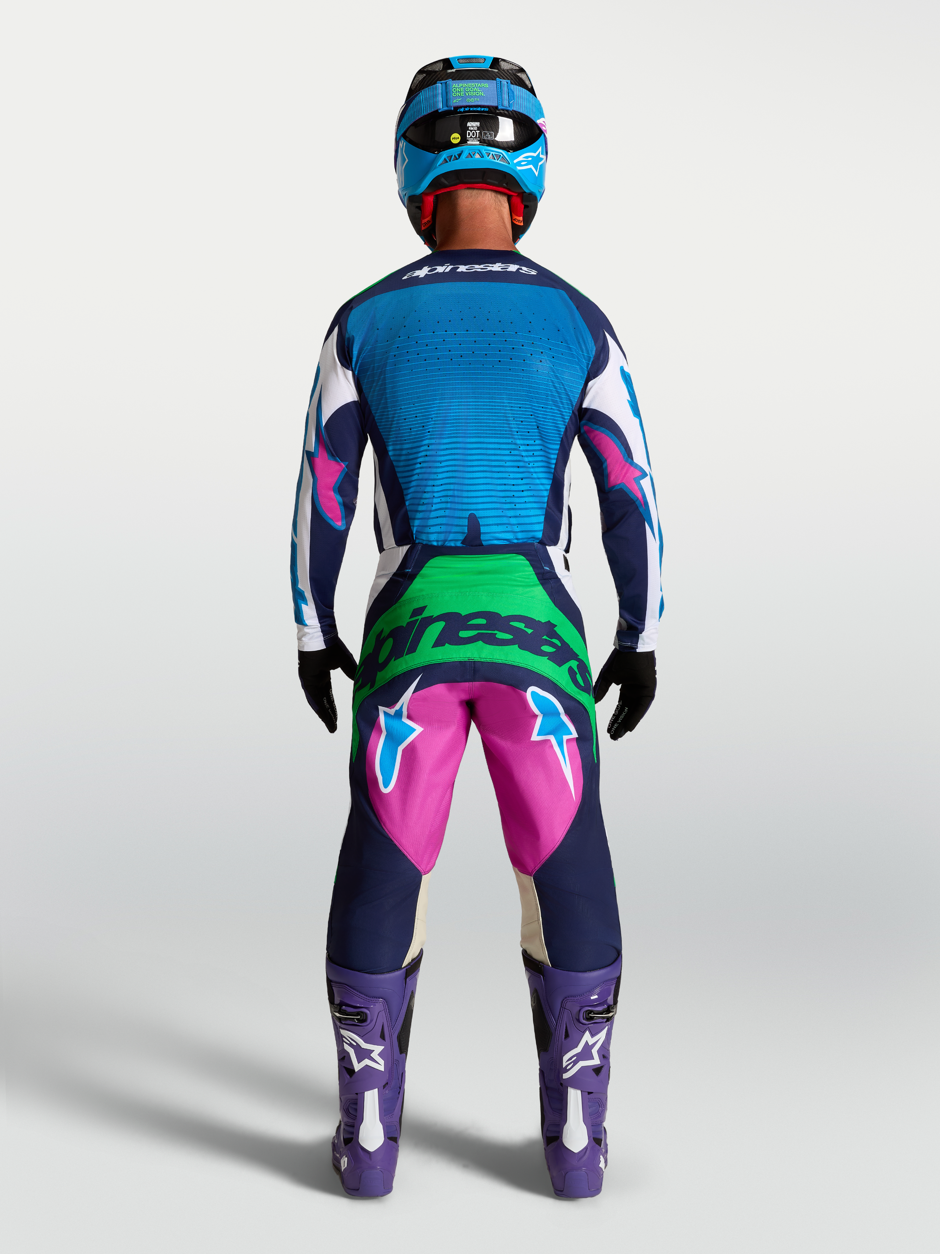 Alpinestars Techstar Maven, ensemble de motocross bleu et rose pour homme, vue de dos sur mannequin