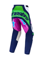 Alpinestars Techstar Maven, pantalon de motocross bleu et vert fluo avec accents violets, zones extensibles, vue arrière