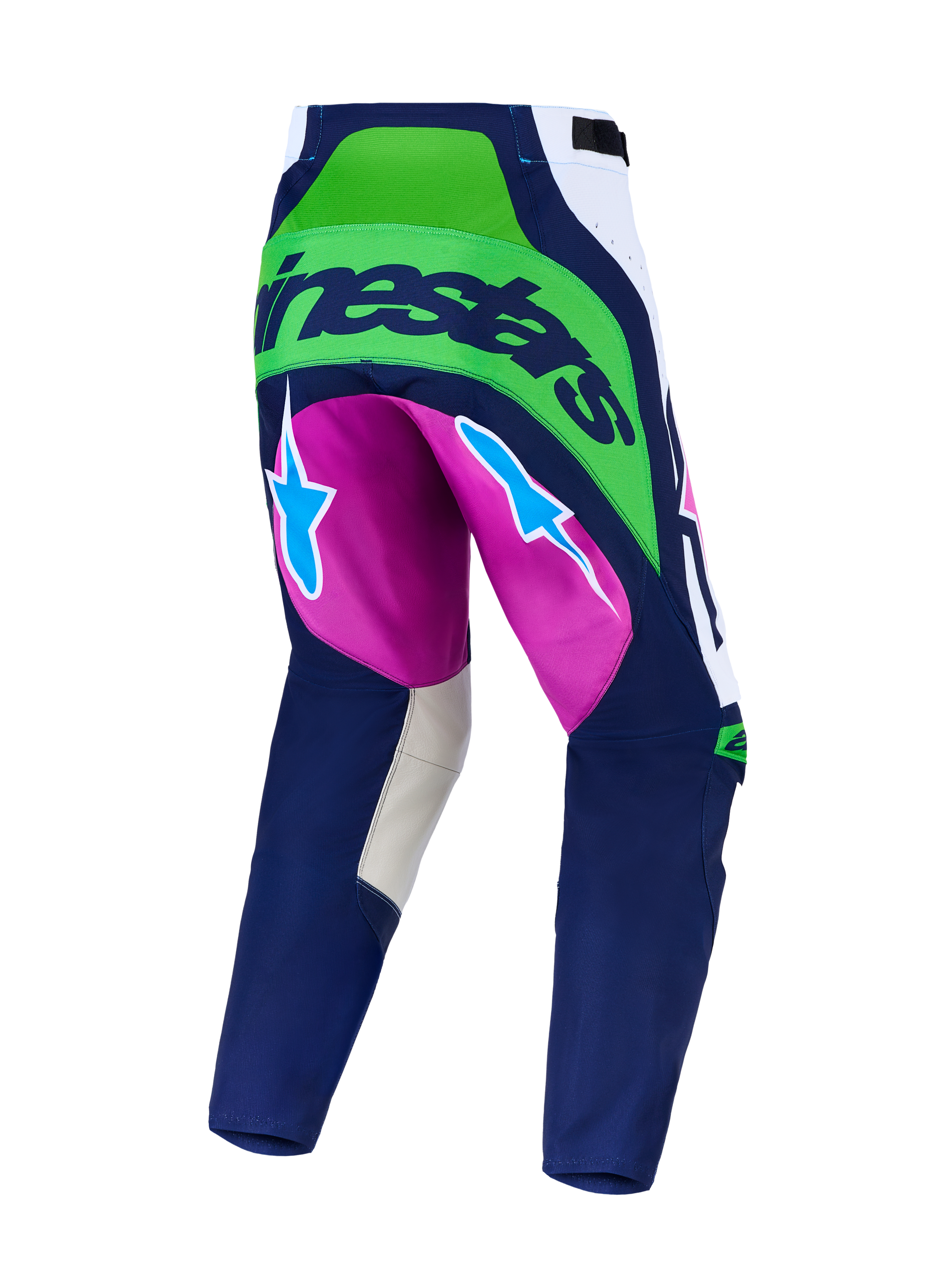 Alpinestars Techstar Maven, pantalon de motocross bleu et vert fluo avec accents violets, zones extensibles, vue arrière