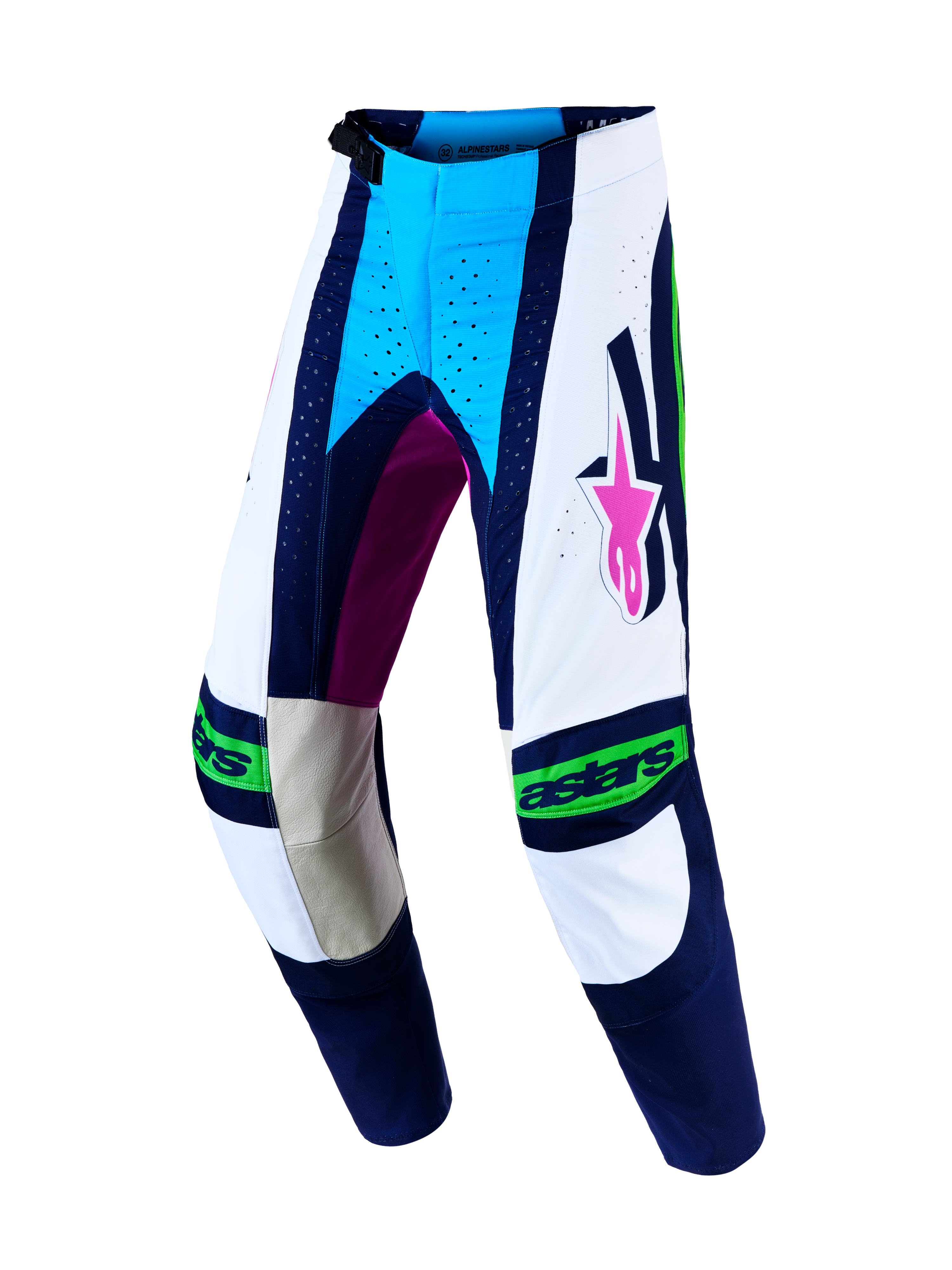 Alpinestars Techstar Maven, pantalon de motocross pour homme, blanc et bleu, panneaux en cuir aux genoux, coupe racing