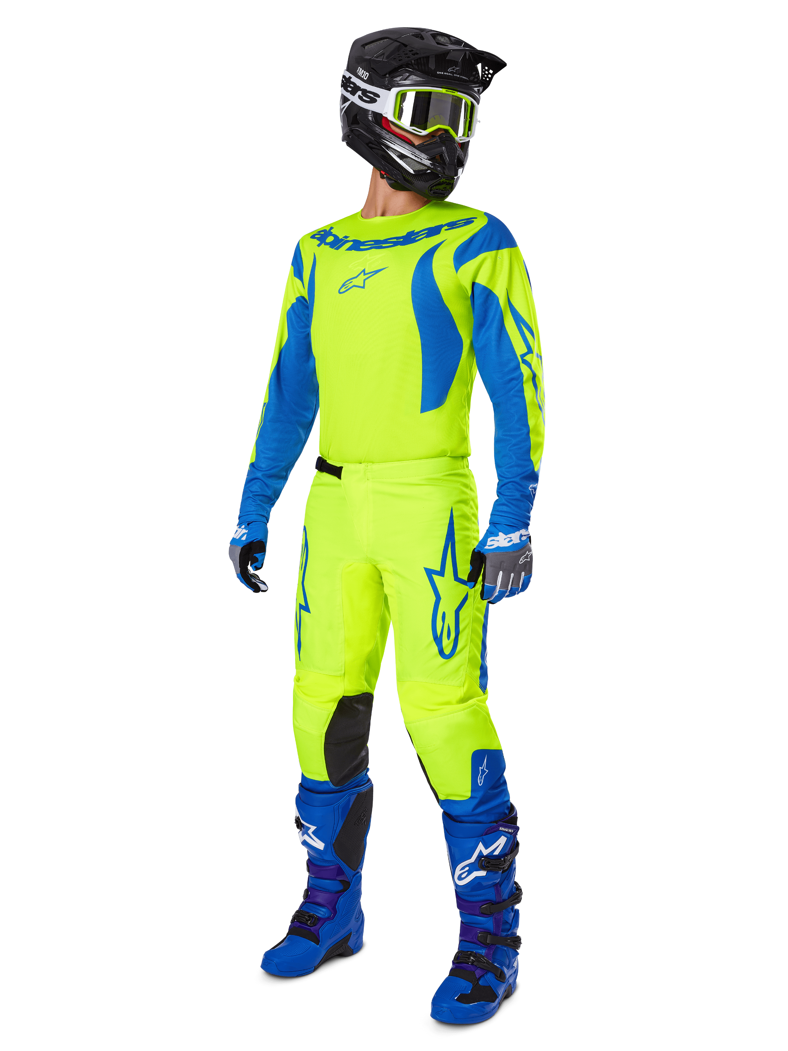 Alpinestars 2025 Fluid Haul Pants, Motocross Pants, Bright Yellow Fluo and Blue, worn as part of a complete racing gear set with matching jersey, blue boots, and a black helmet, high-visibility design for off-road riding.