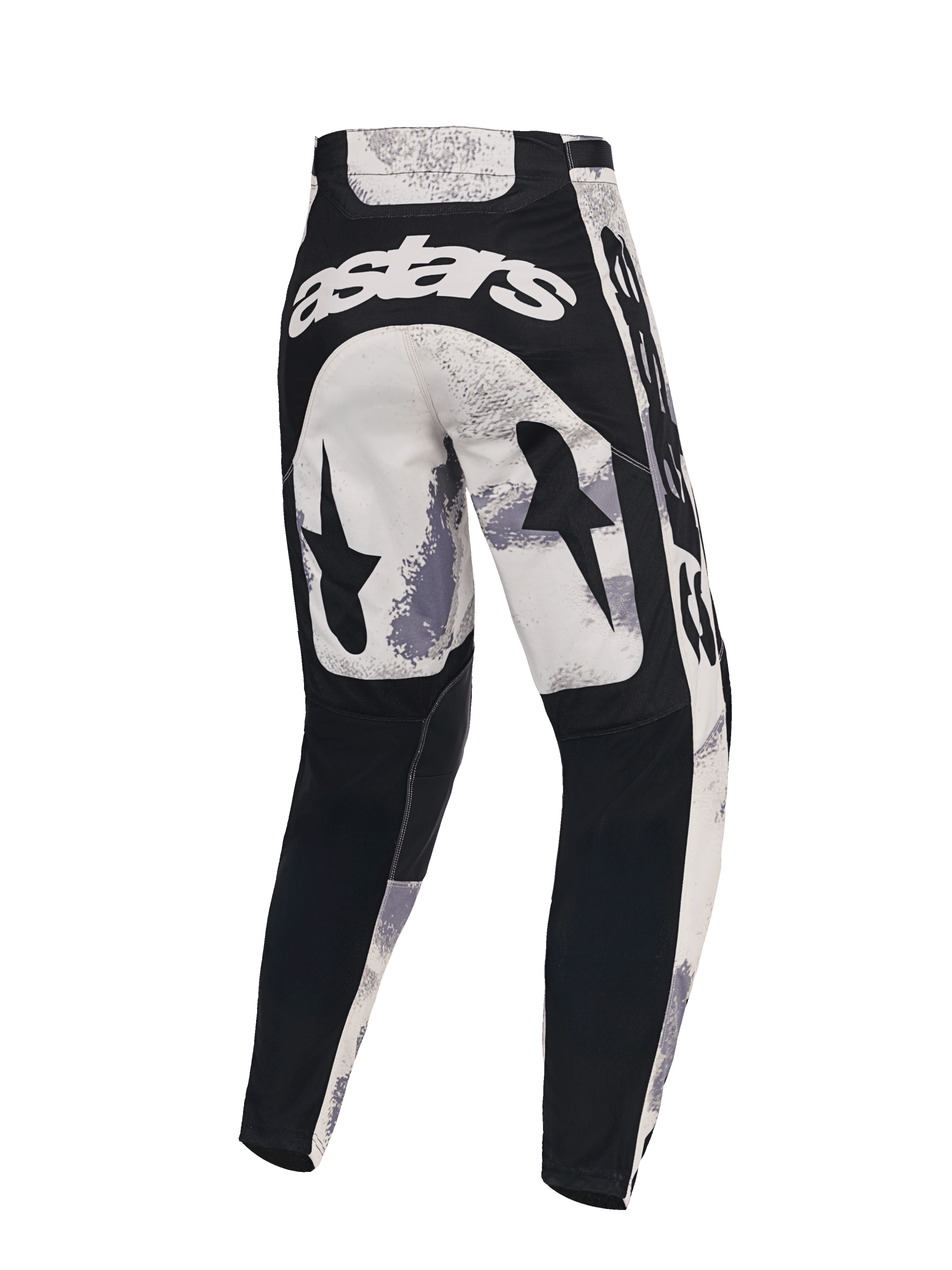 Alpinestars 2026 Racer Lahnd Pants, Motocross Pants, Sand Camo and Gray, Rear view featuring white astars branding across the back, black star graphics on the thighs, and black panels on the lower legs, ergonomic design for off-road racing