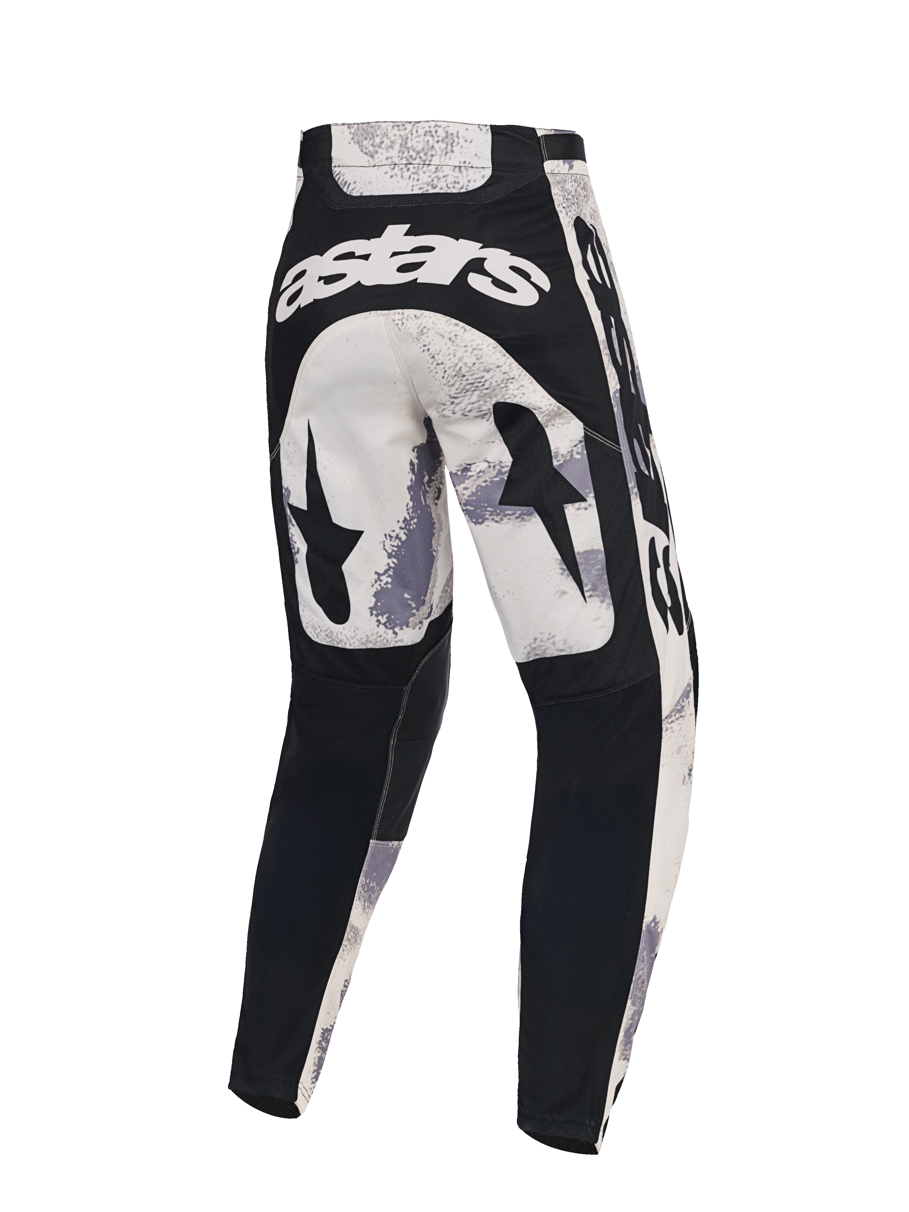 Alpinestars 2026 Racer Lahnd Pants, Motocross Pants, Sand Camo and Gray, Rear view featuring white astars branding across the back, black star graphics on the thighs, and black panels on the lower legs, ergonomic design for off-road racing
