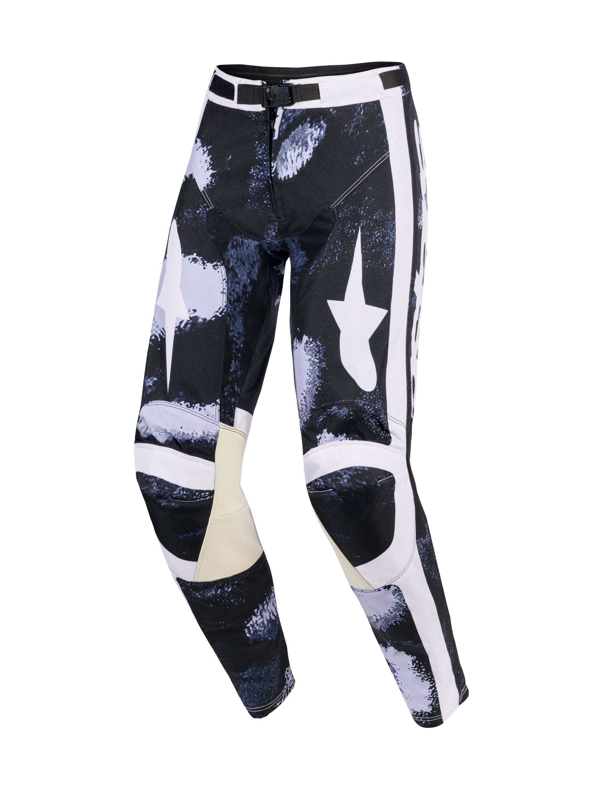 Pantalon Alpinestars Racer Lahnd 2026, pantalon de motocross, gris Iron Camo et noir, avec de grands logos d'étoiles blancs sur les cuisses, des bandes latérales blanches, des panneaux intérieurs aux genoux en cuir beige et une coupe de performance pré-courbée