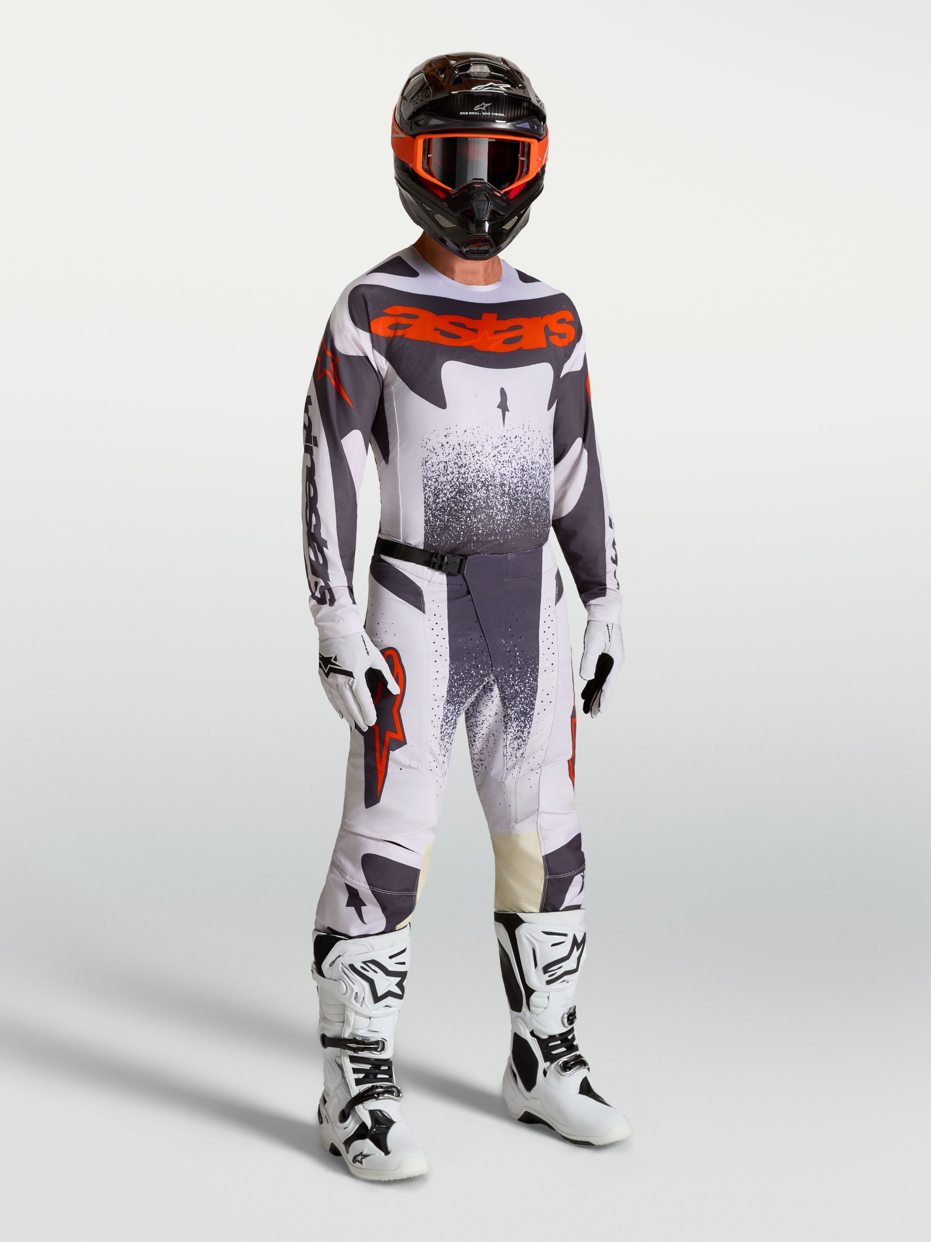 Alpinestars Techstar Swan, ensemble de motocross pour homme avec maillot et pantalon, lilas clair et rouge fluo, tenue tout-terrain avec bottes blanches