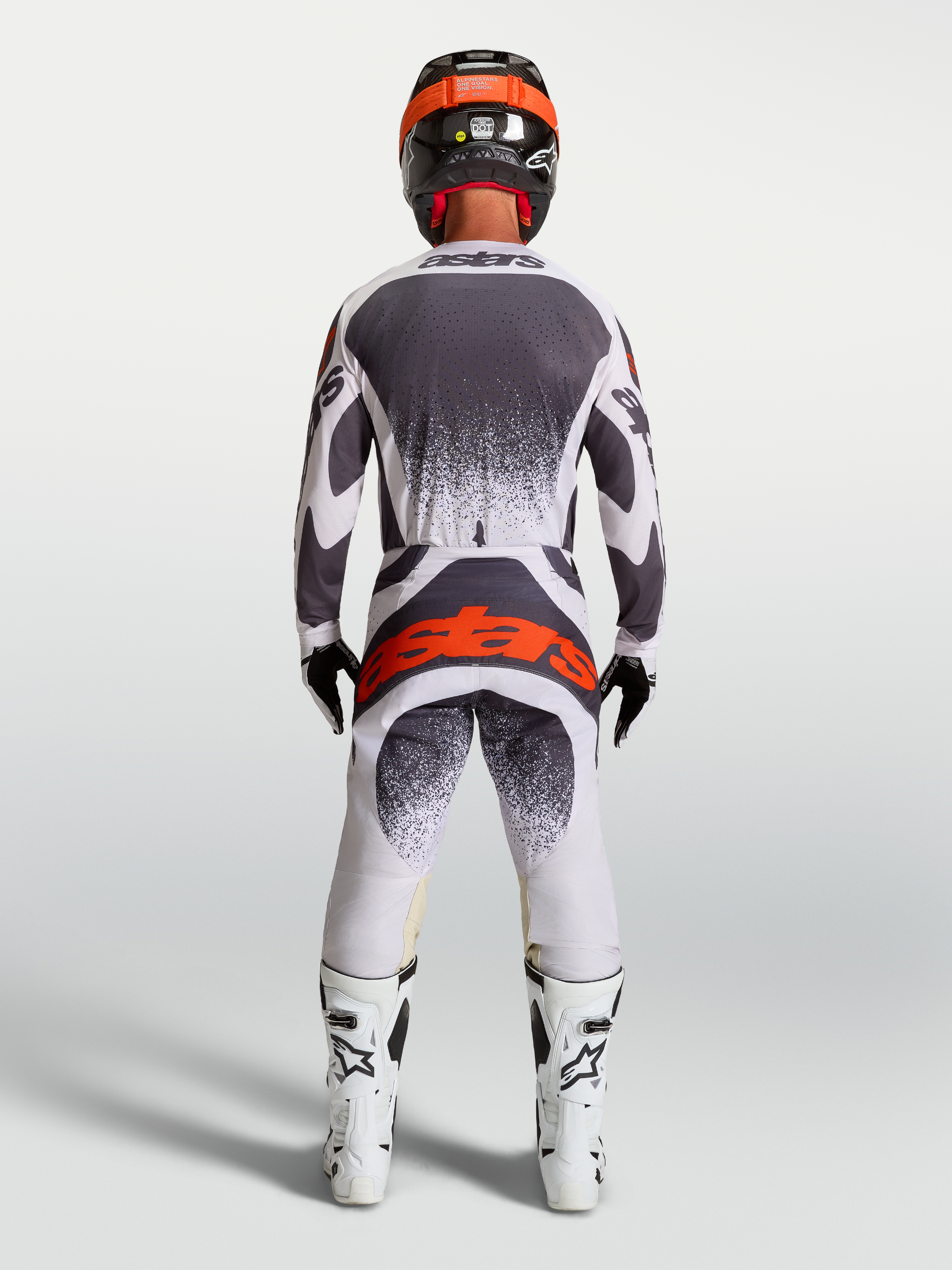 Alpinestars Pantalon Techstar Swan, pantalon de motocross pour homme, gris foncé et lilas avec logo rouge fluo, vue de dos, équipement tout-terrain haute performance