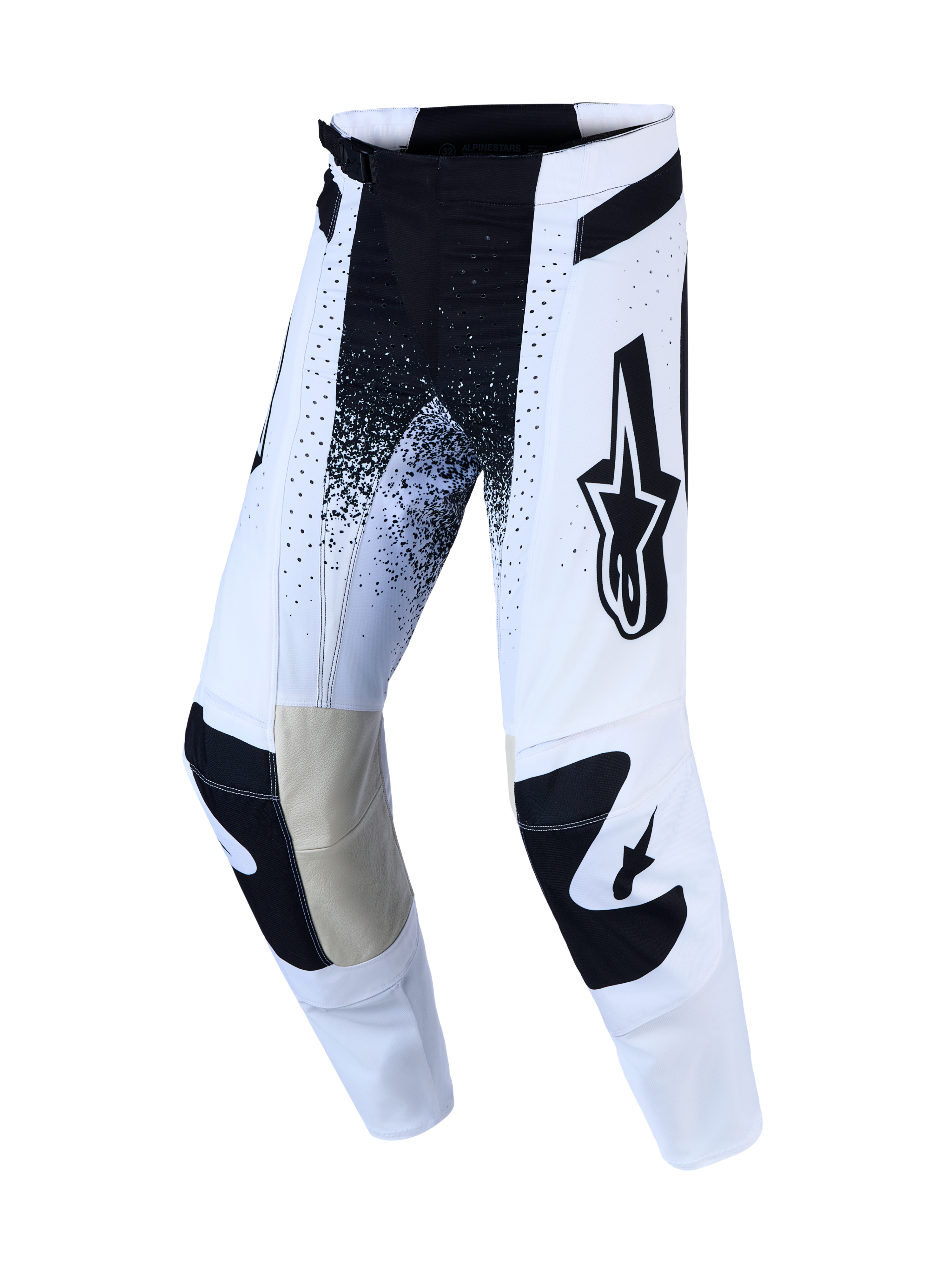 Alpinestars 2027 Techstar Swan Pants and Gear Set, white and black MX pants with stretch ripstop and leather knees.