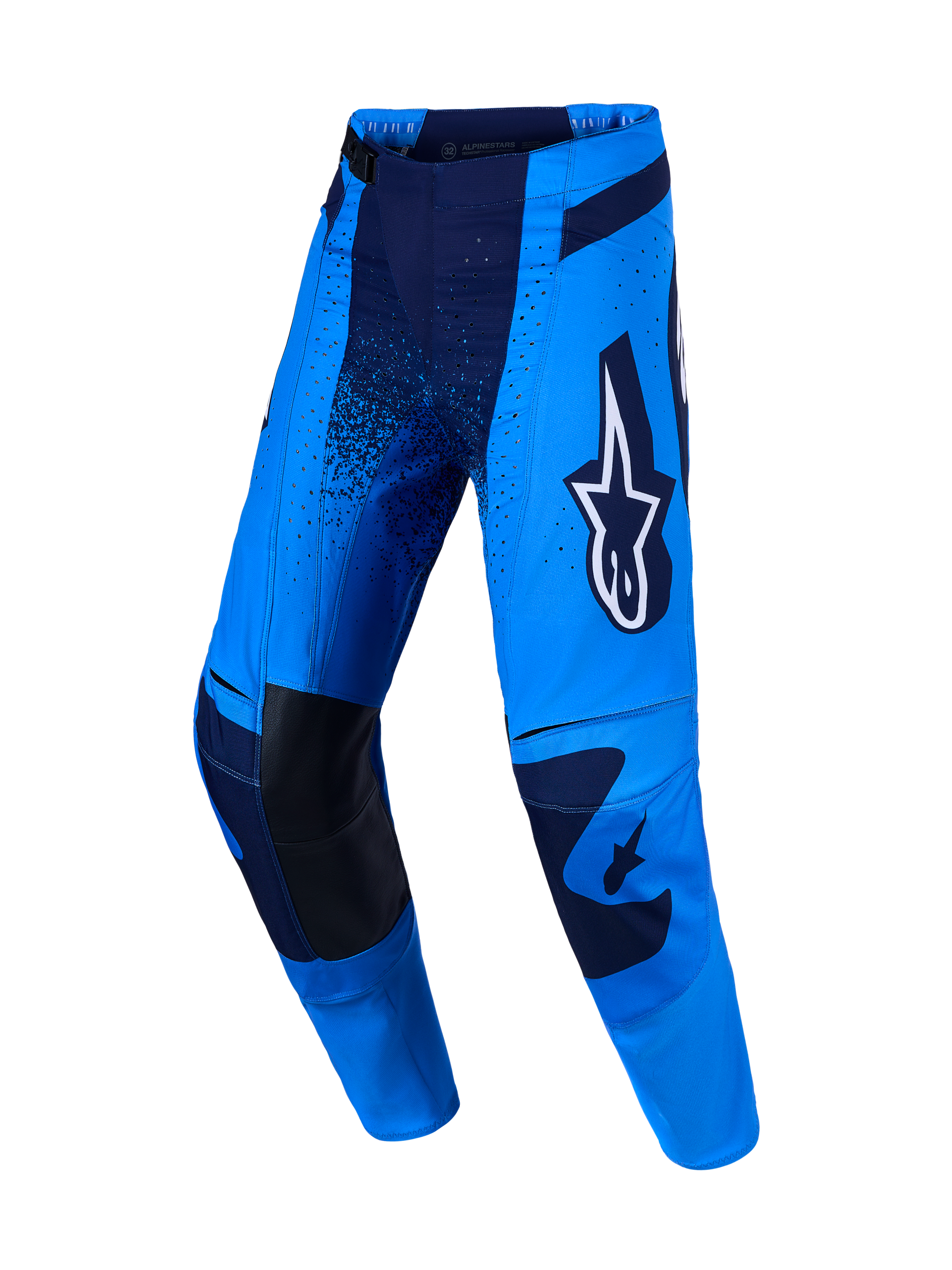 Pantalon Alpinestars Techstar Swan, pantalon de motocross bleu et bleu foncé avec genoux en cuir renforcés