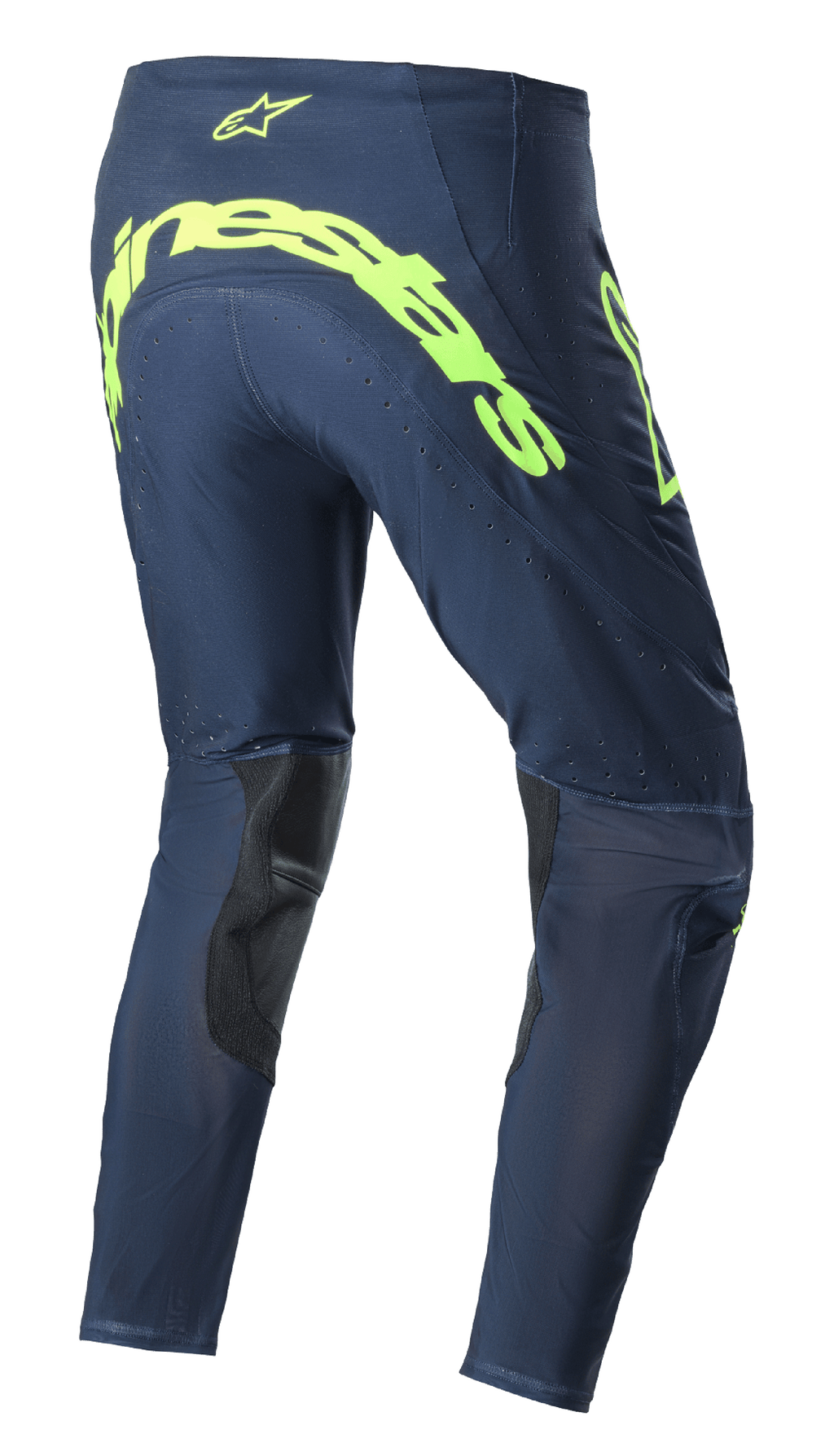 Alpinestars 2023 Supertech Bruin Pants, pantalon de motocross, Bleu Marine Nuit et Jaune Fluo, vue arrière présentant un large marquage Alpinestars jaune fluo sur l'assise, des zones de ventilation perforées et des renforts noirs à l'intérieur des jambes.