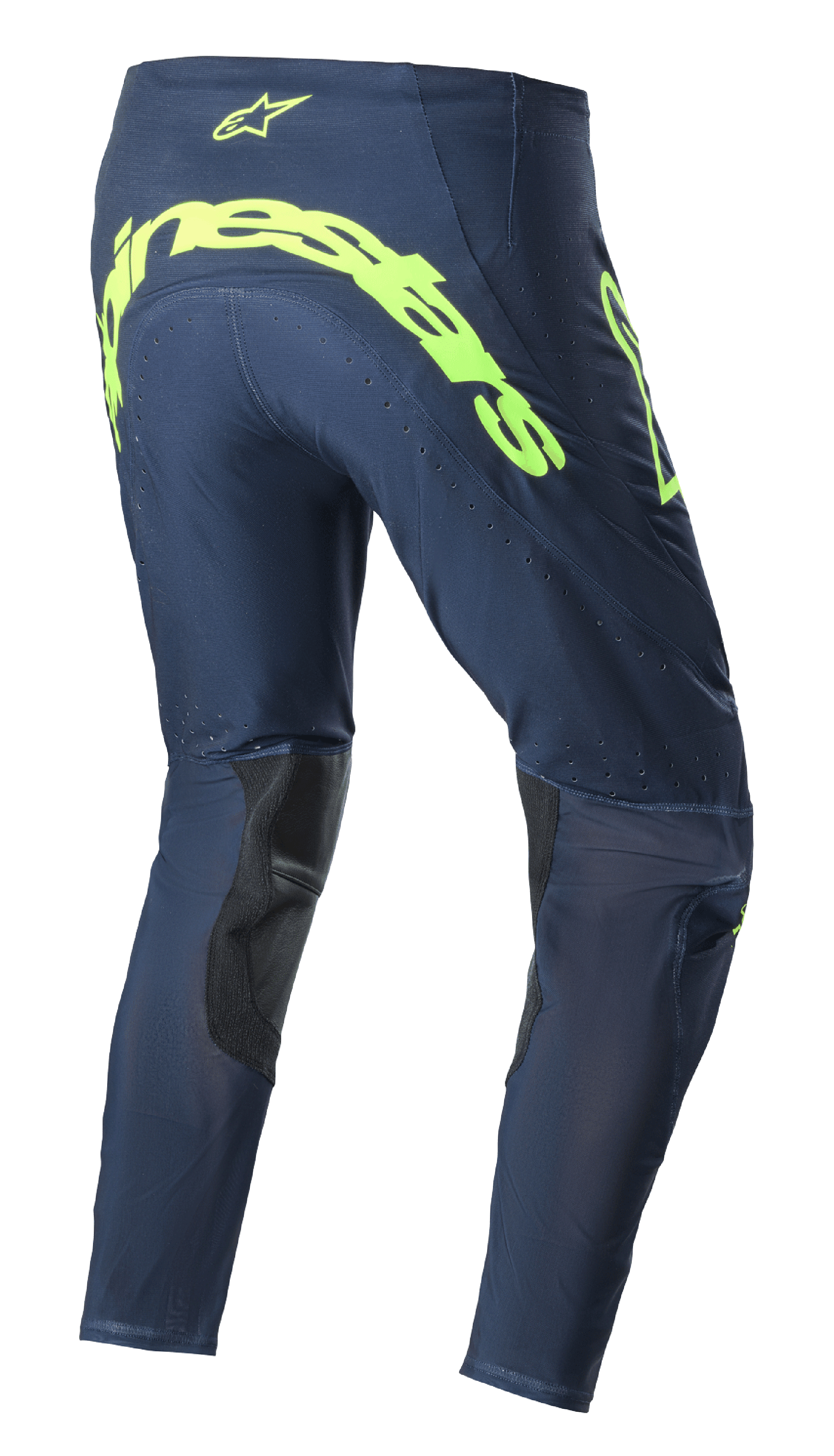 Alpinestars 2023 Supertech Bruin Pants, pantalon de motocross, Bleu Marine Nuit et Jaune Fluo, vue arrière présentant un large marquage Alpinestars jaune fluo sur l'assise, des zones de ventilation perforées et des renforts noirs à l'intérieur des jambes.
