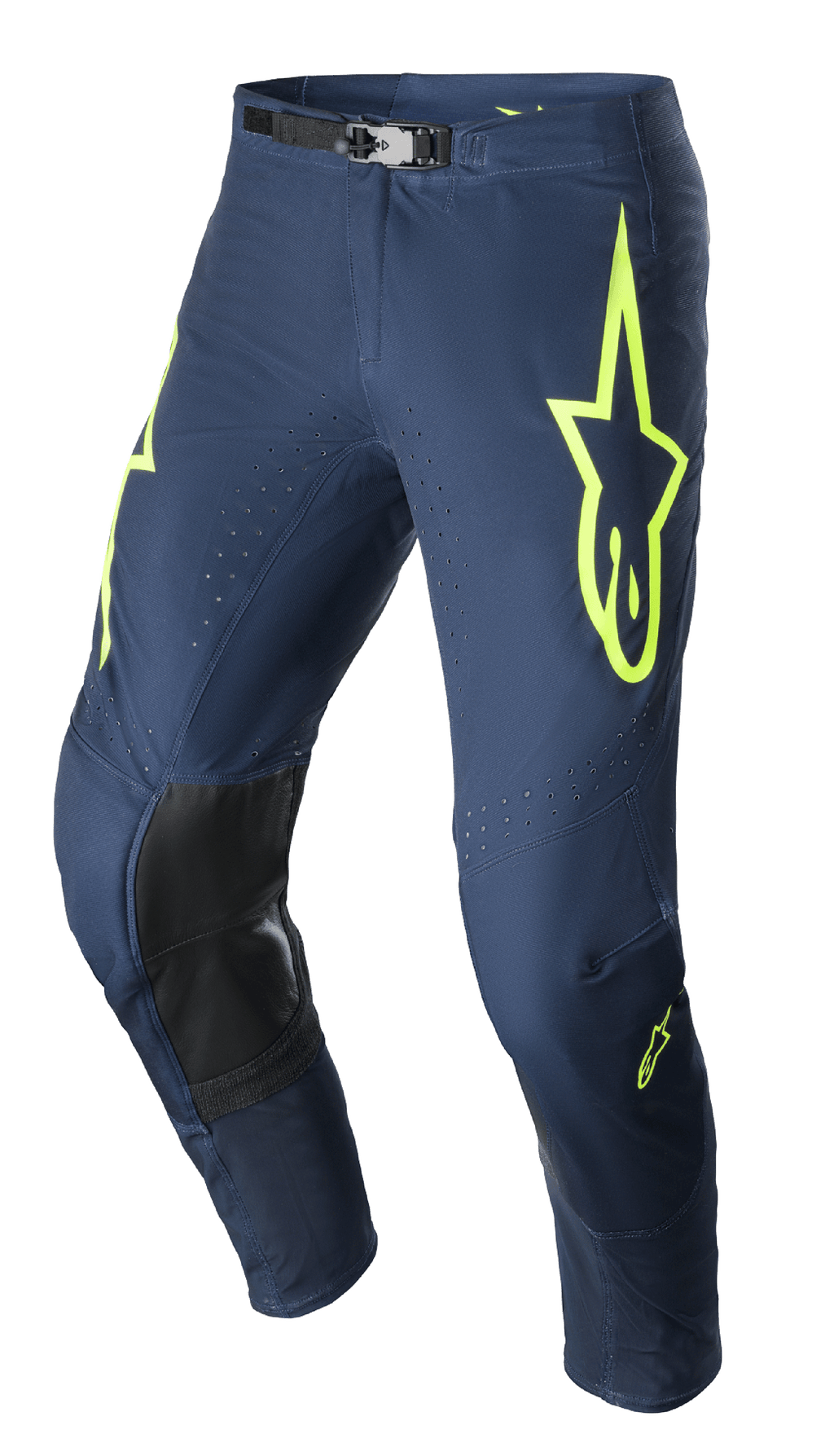 Alpinestars 2023 Supertech Bruin Pants, pantalon de motocross, bleu marine et jaune fluo, doté de panneaux de genoux renforcés noirs, d'une ventilation perforée et d'une boucle de taille magnétique ajustable, design de course durable
