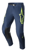 Alpinestars 2023 Supertech Bruin Pants, pantalon de motocross, bleu marine et jaune fluo, doté de panneaux de genoux renforcés noirs, d'une ventilation perforée et d'une boucle de taille magnétique ajustable, design de course durable