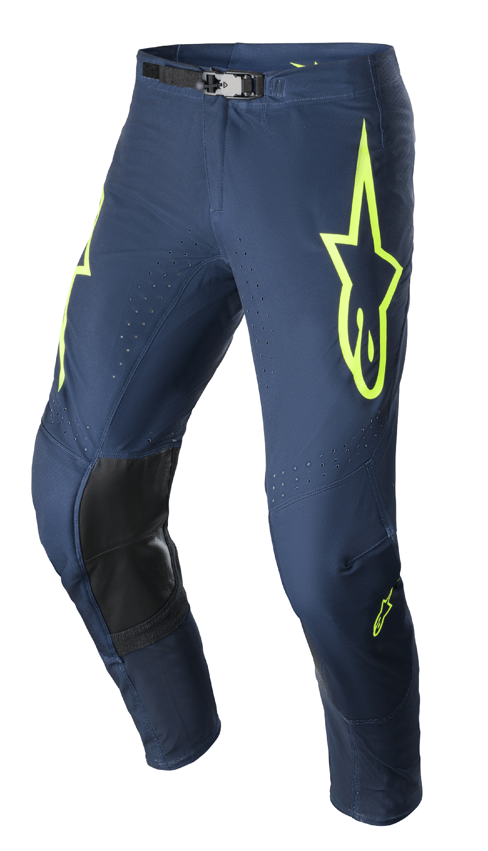 Alpinestars 2023 Supertech Bruin Pants, pantalon de motocross, bleu marine et jaune fluo, doté de panneaux de genoux renforcés noirs, d'une ventilation perforée et d'une boucle de taille magnétique ajustable, design de course durable