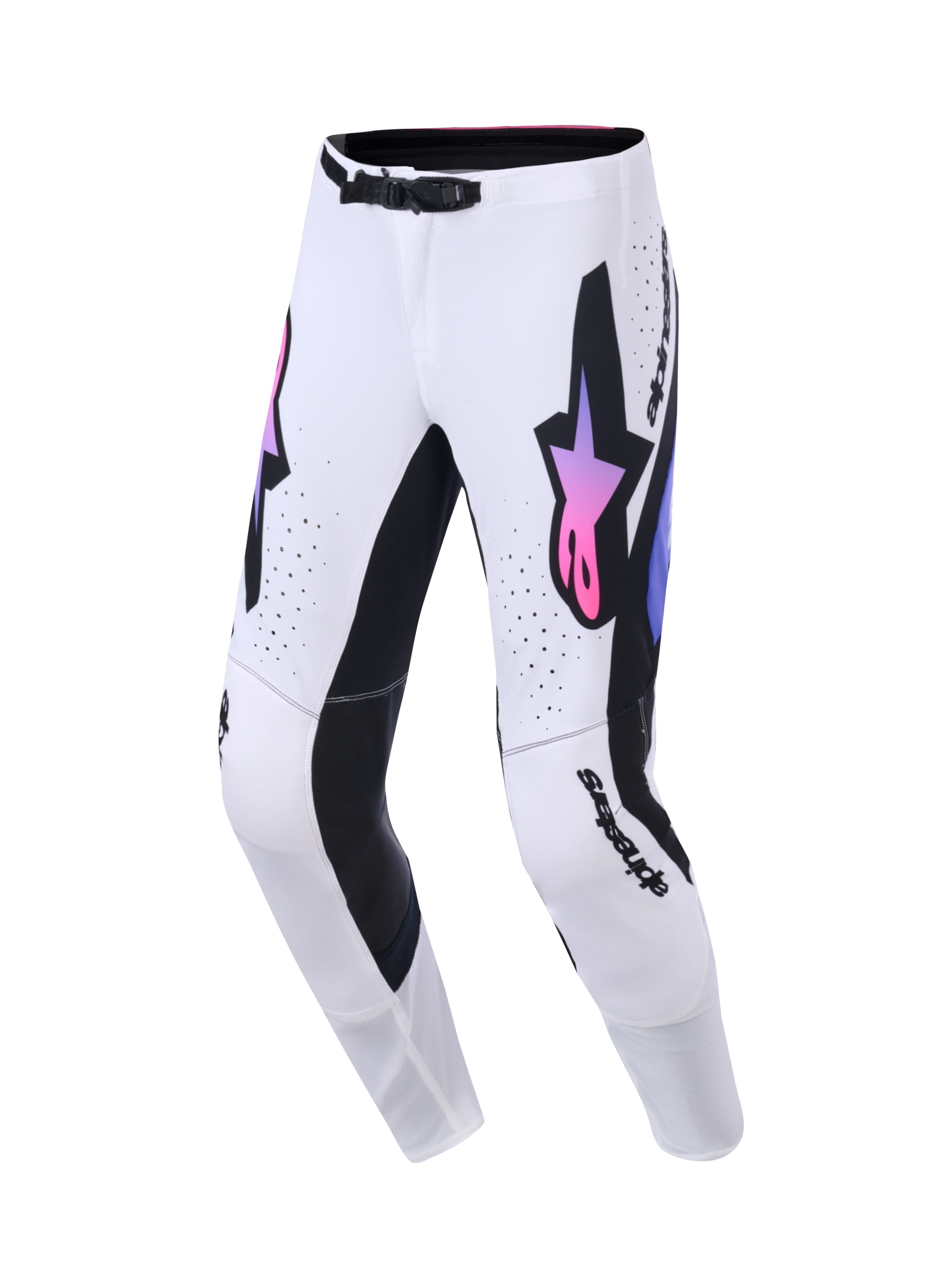 Alpinestars 2026 Supertech AFD Vista Pants, Motocross Pants, White Purple and Black, featuring a large black Astars logo with a pink and purple gradient, black inner leg panels, and an SX1 magnetic waist buckle, designed for off-road racing performance.