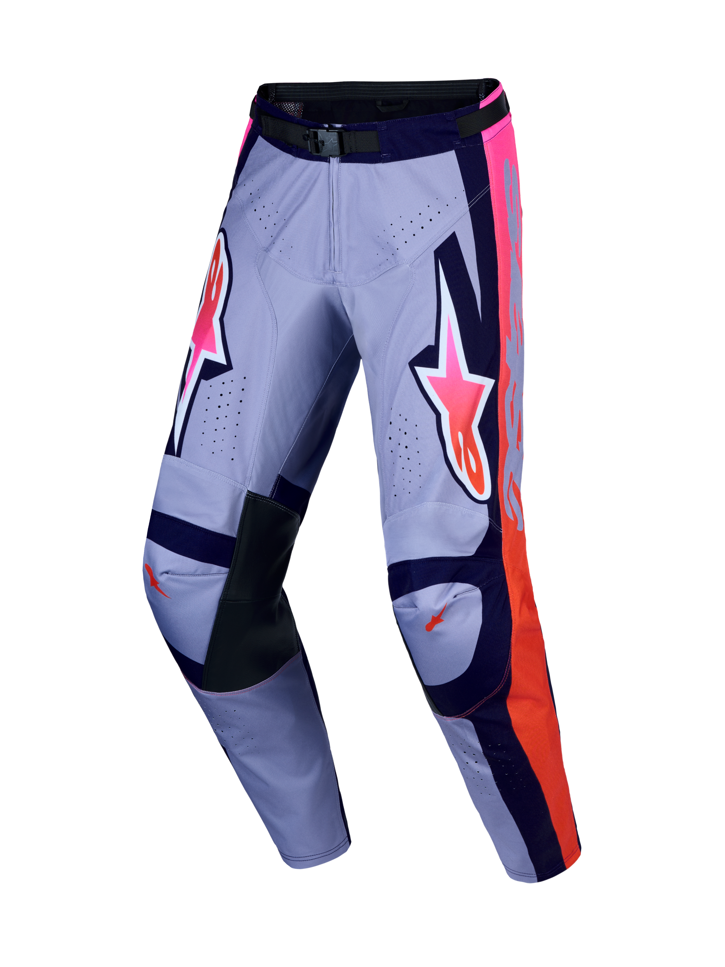 Alpinestars Racer Air Hunt, pantalons de motocross violets et rose fluo, polyfibre ventilée et genoux en cuir