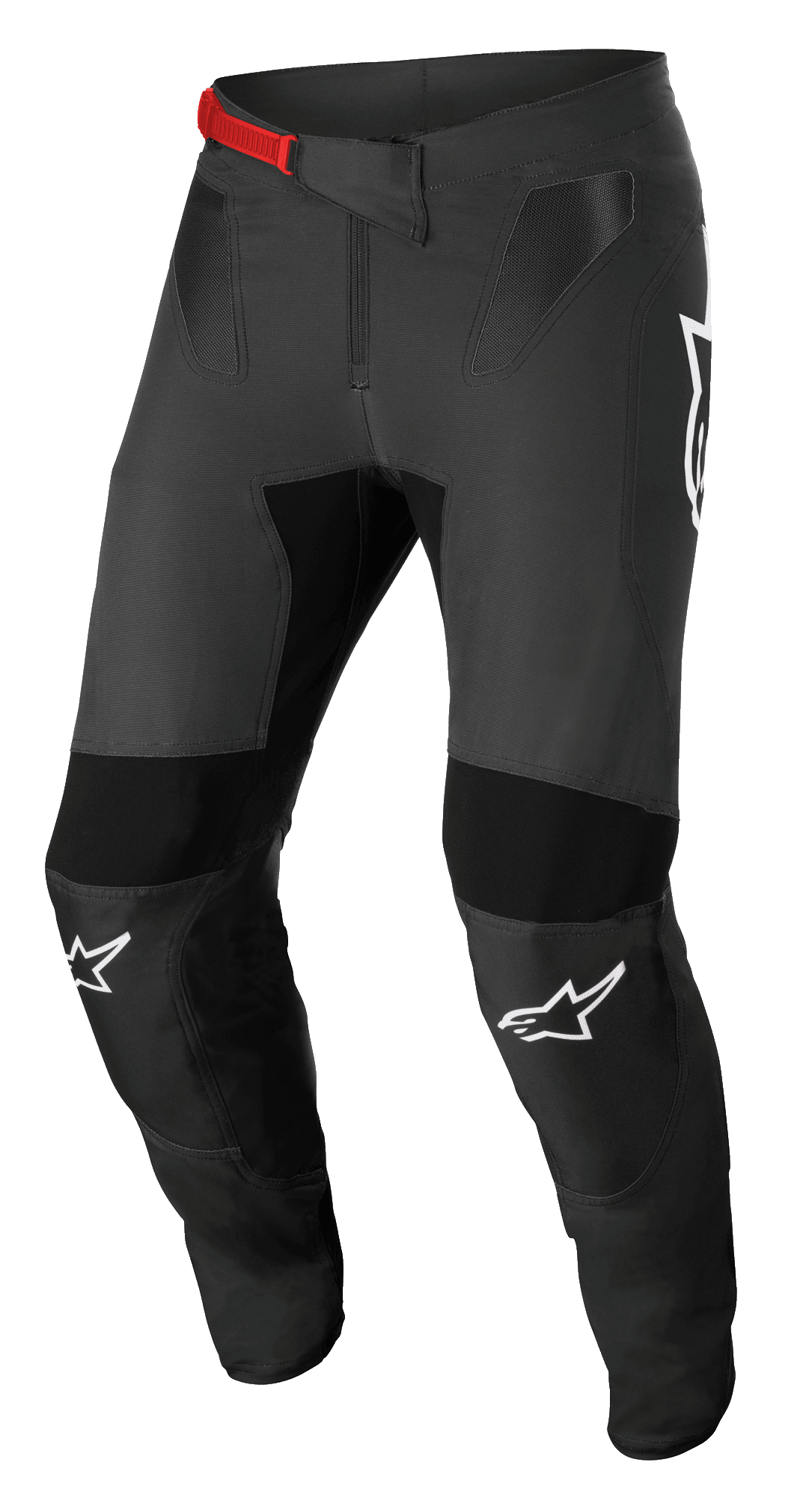 Alpinestars Supertech Foster Pants, pantalon de motocross, noir et gris, avec boucle rouge à la taille, logos blancs aux genoux, protections renforcées aux genoux et aux cuisses, panneaux en maille ventilée et coupe ajustée pour une conduite active