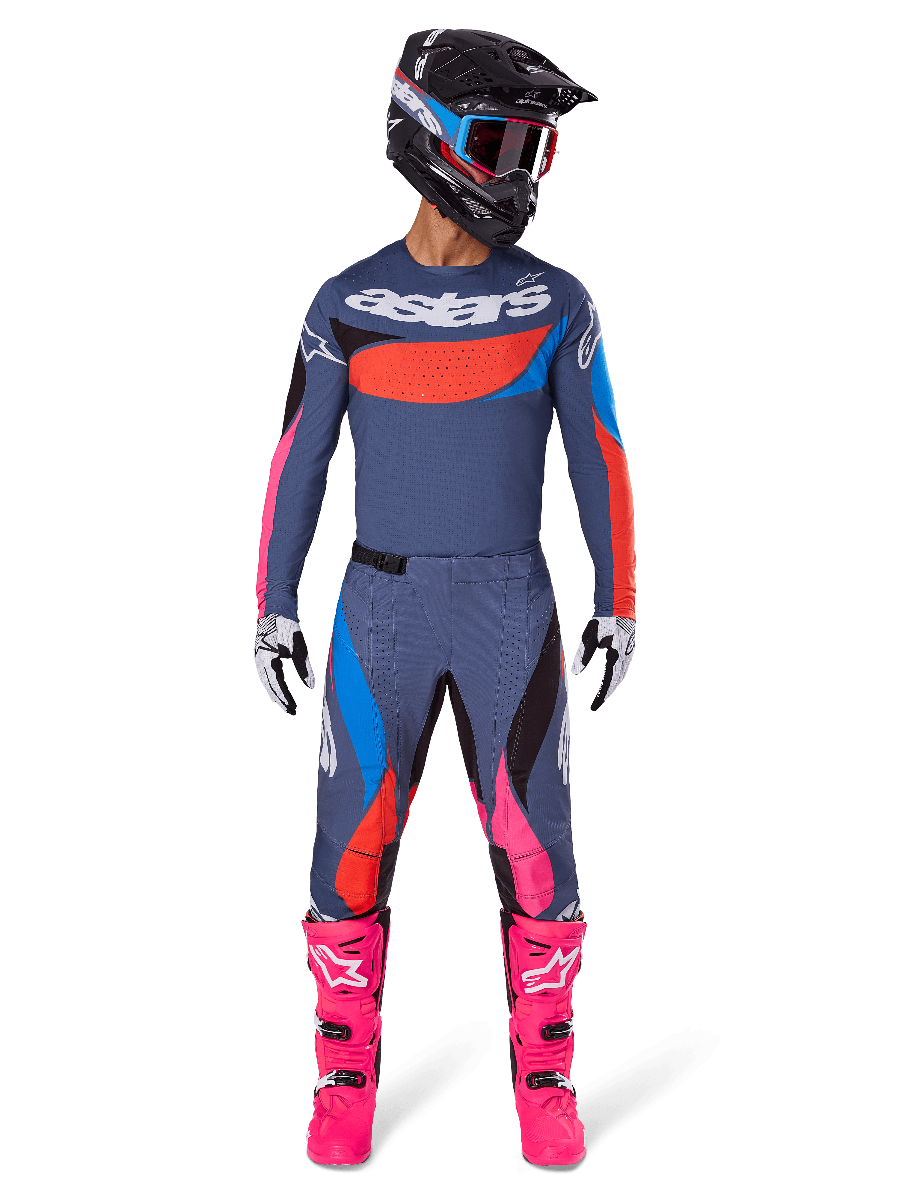 Alpinestars 2025 Techstar Dreem Pants, Motocross Pants, Gray Multicolor with pink and blue accents, worn by a rider with a matching technical jersey, black helmet, and bright pink boots, complete high-performance off-road racing gear.