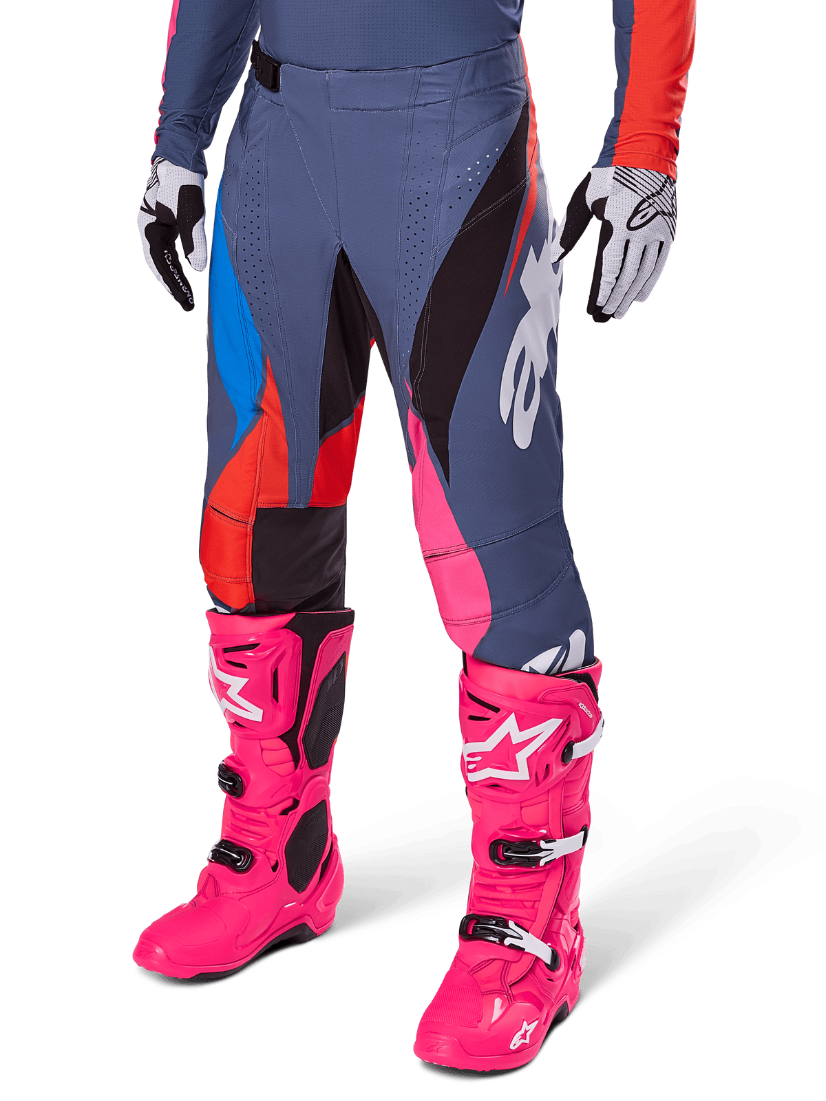Alpinestars 2025 Techstar Dreem Pants, Motocross Pants, Dark Gray with Blue Red and Pink Panels, White Graphics, worn with bright pink boots and black and white gloves, bold high-visibility design