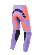 Alpinestars 2026 Supertech Scenz Pants, Motocross Pants, Hot Coral and Purple, rear view featuring dark blue branding across the seat, large coral star accents on the thighs, black inner calf panels, and laser-cut ventilation holes.