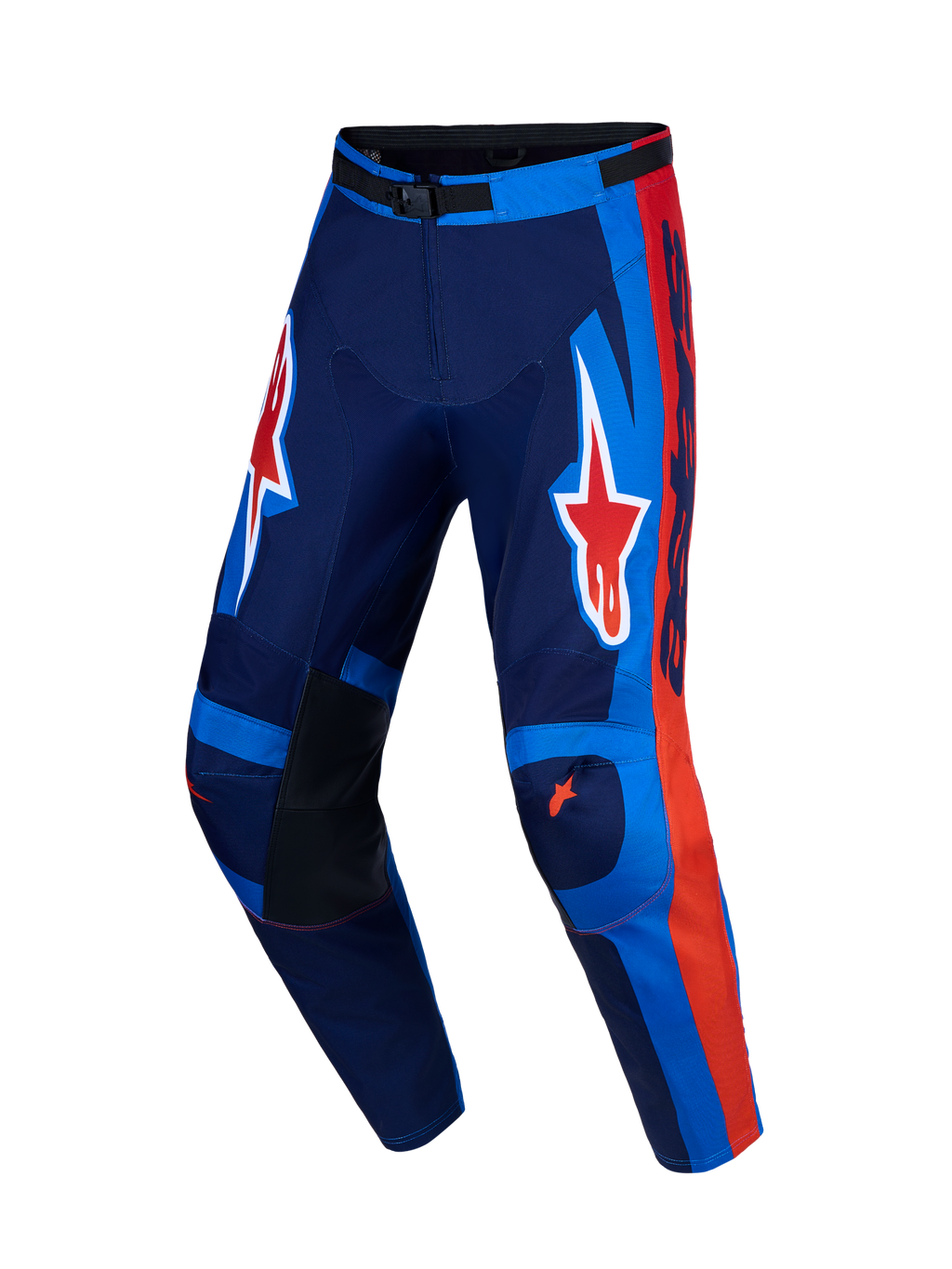 Alpinestars Racer Hunt, pantalon de motocross pour homme, bleu et rouge, fabriqué en tissu poly 600D avec jambes pré-courbées pour une performance tout-terrain optimale.