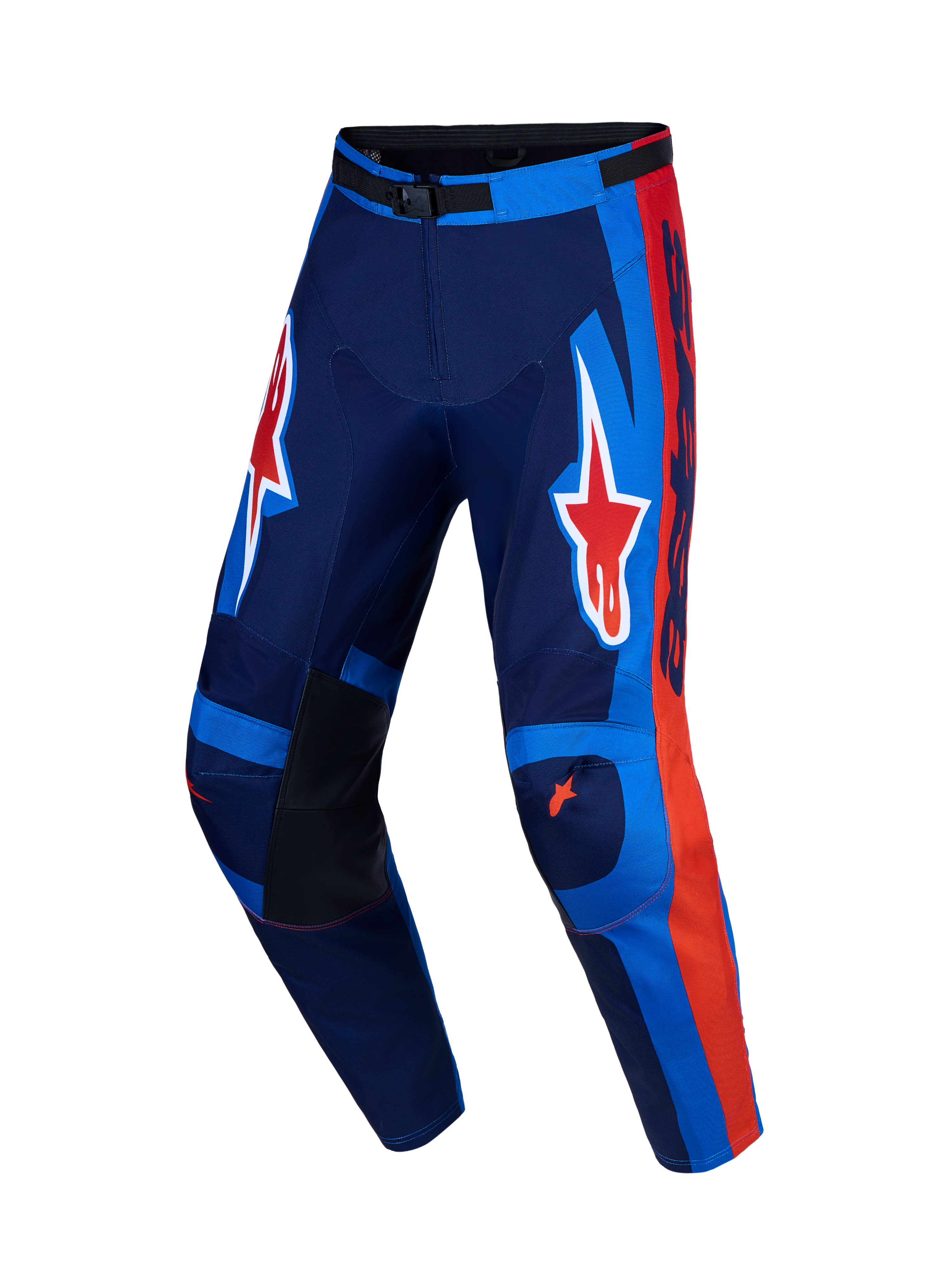 Alpinestars Racer Hunt, pantalon de motocross pour homme, bleu et rouge, fabriqué en tissu poly 600D avec jambes pré-courbées pour une performance tout-terrain optimale.